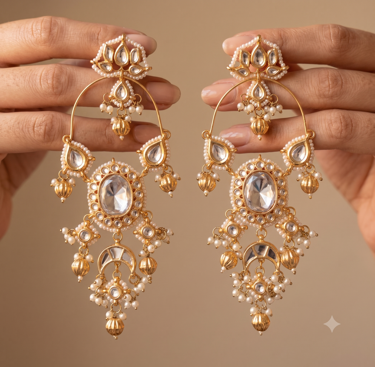 Luxury White and Gold Chandbali Earrings Indian Kundan Bridal Ethnic Roz Jewellers