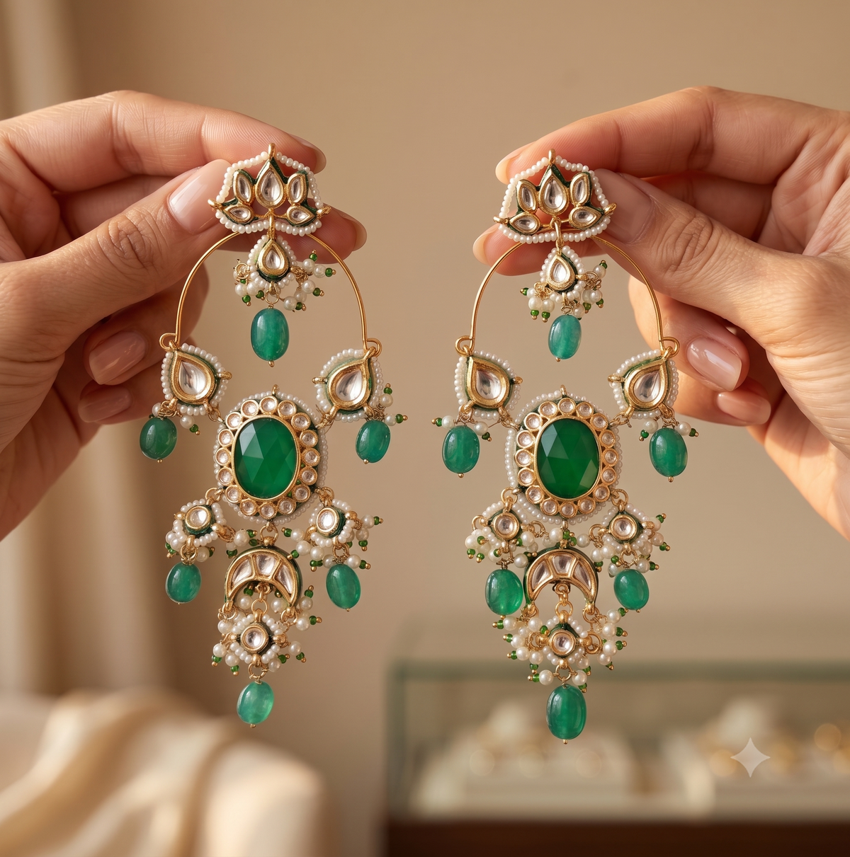 Luxury Emerald Green Chandbali Earrings Kundan Bridal Ethnic Statement Jewellery Roz Jewellers.