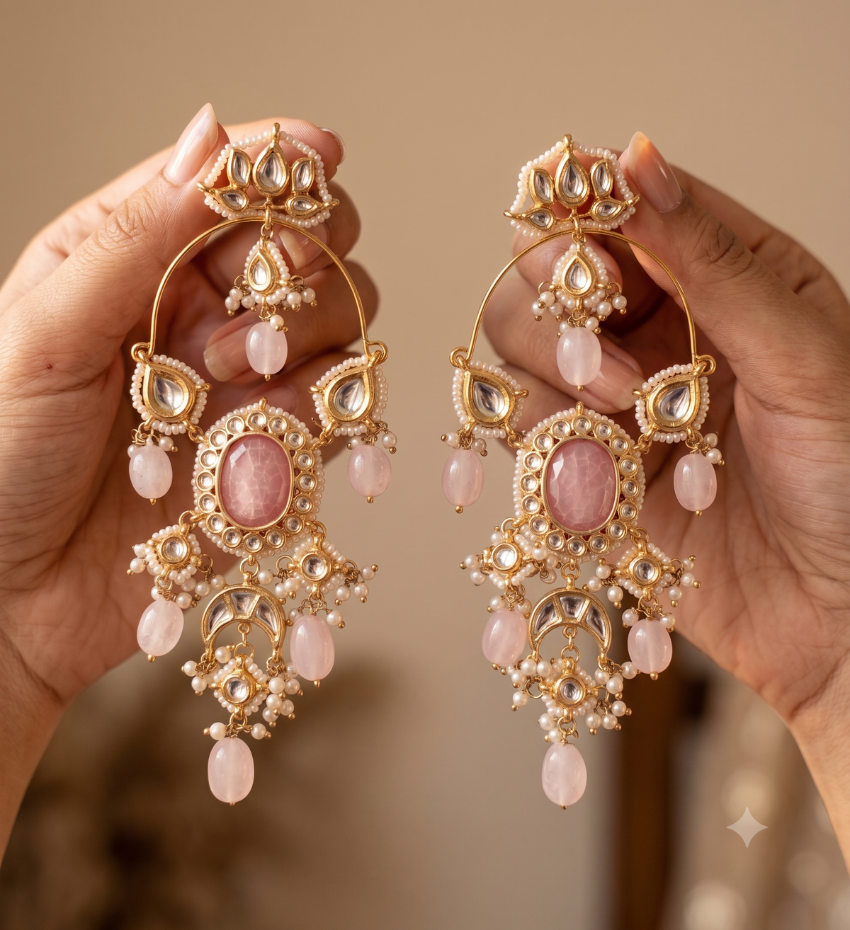 Blush Pink Chandbali Earrings Indian Kundan Bridal Jewellery for Wedding Events Roz Jewellers.