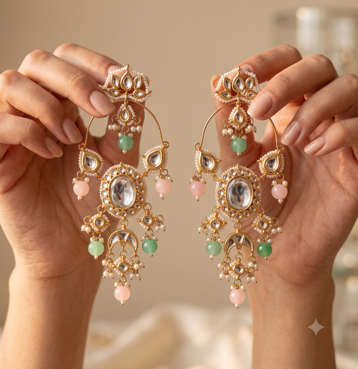 Statement Blush Pink, MInt Green Chandbali Earrin Kundan Indian Ethnic Jewellery Roz Jewellers.
