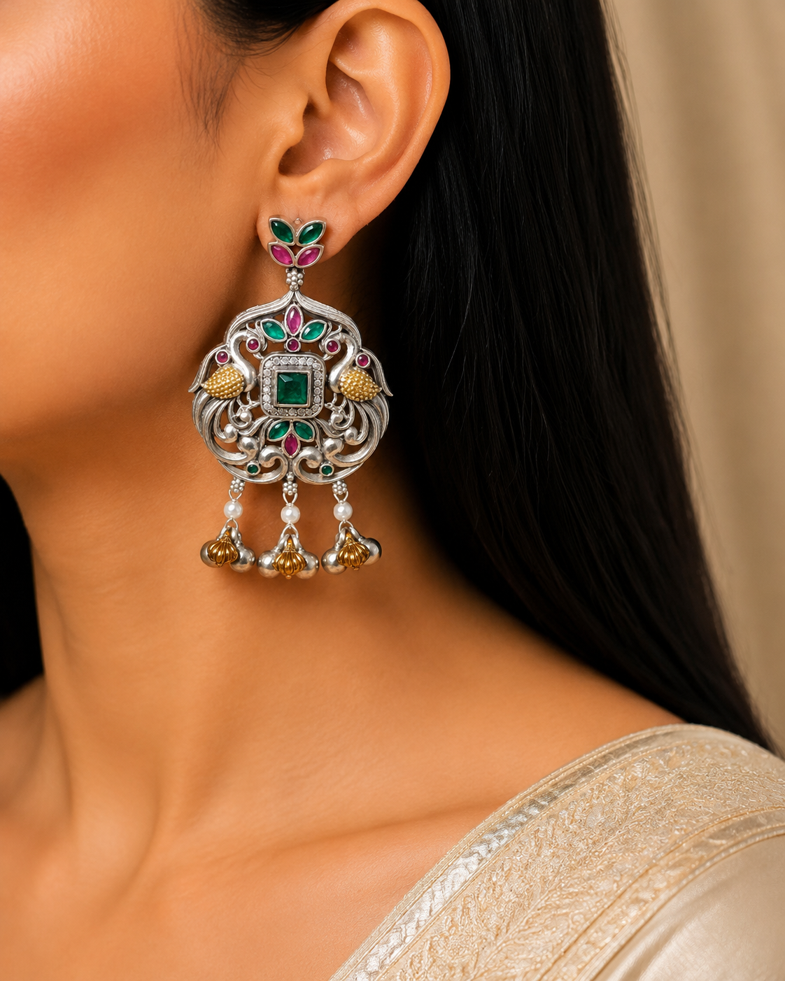 Royal Heritage Bird Motif Oxidize Kundan Chandelier Earrings with Emerald Roz Jeweller.
