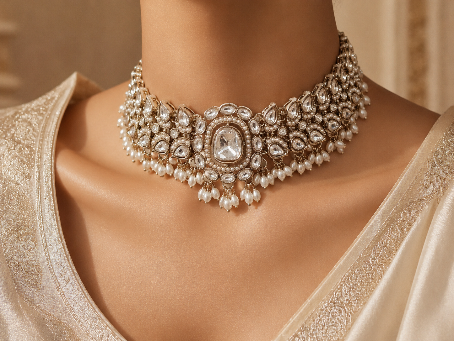 Indian Bridal Kundan Choker Set with Tikka & Earrings Roz Jewellers