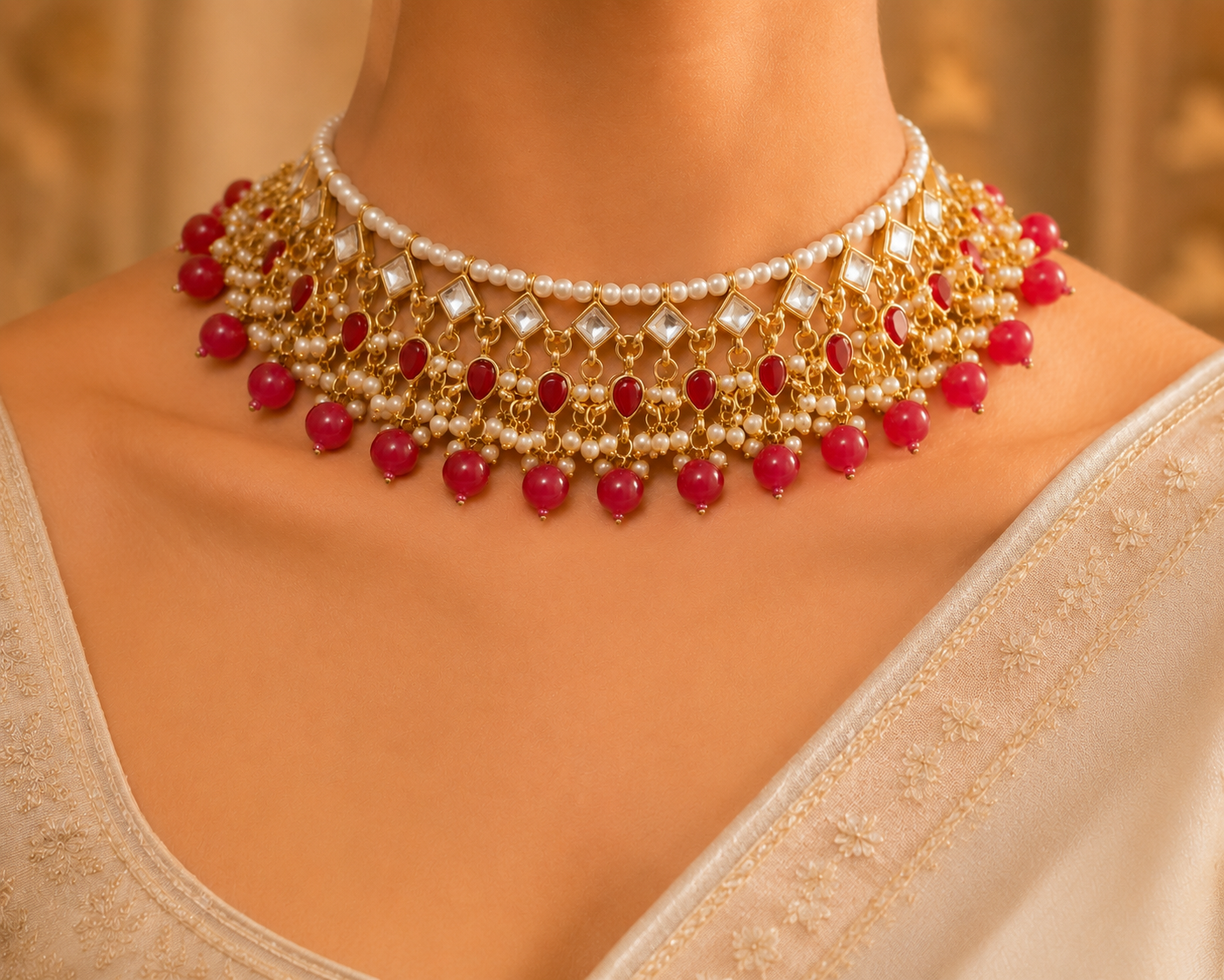 Umeja Ruby Pearl Kundan Fringe Heavy Bridal Jewelry Choker Necklace Roz Jeweller