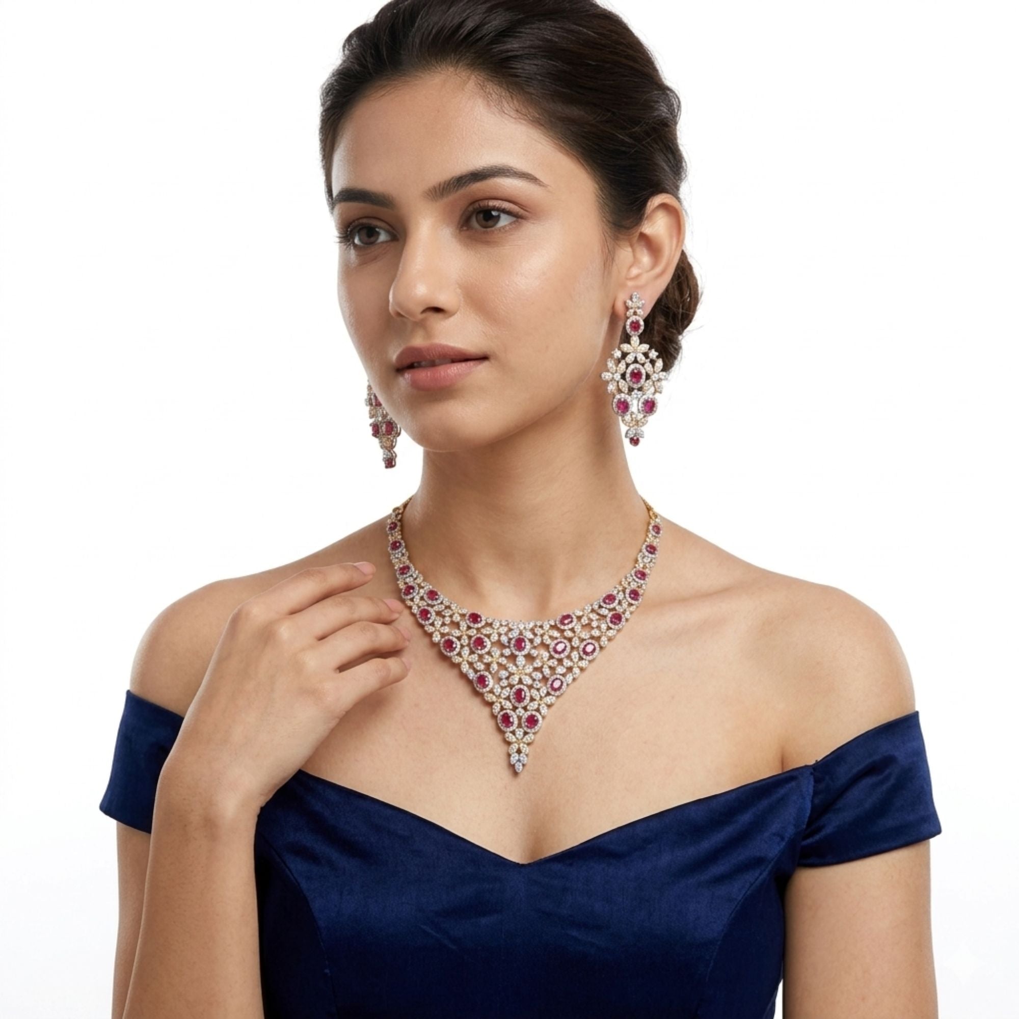 Indian CZ & Ruby Stone Necklace & Earrings Set | Gold Plated Bridal Jewellery | Roz Jewellers