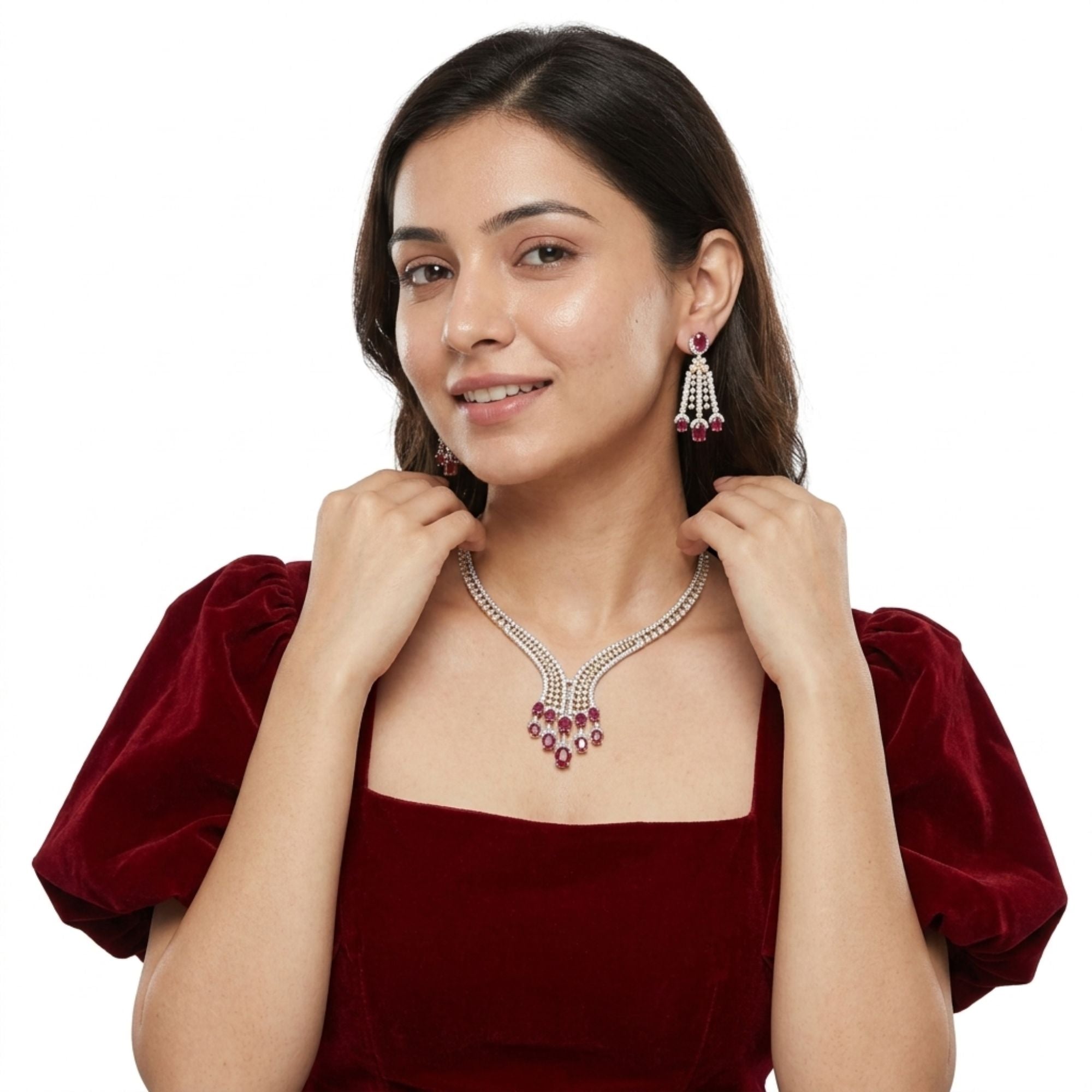 Ruby Red CZ Bridal Necklace & Earrings Set | Wide 6CM Gold-Plated Choker Statement | American Diamond Crystal | Indian Wedding, Reception & Festive Jewellery | Roz Jewellers