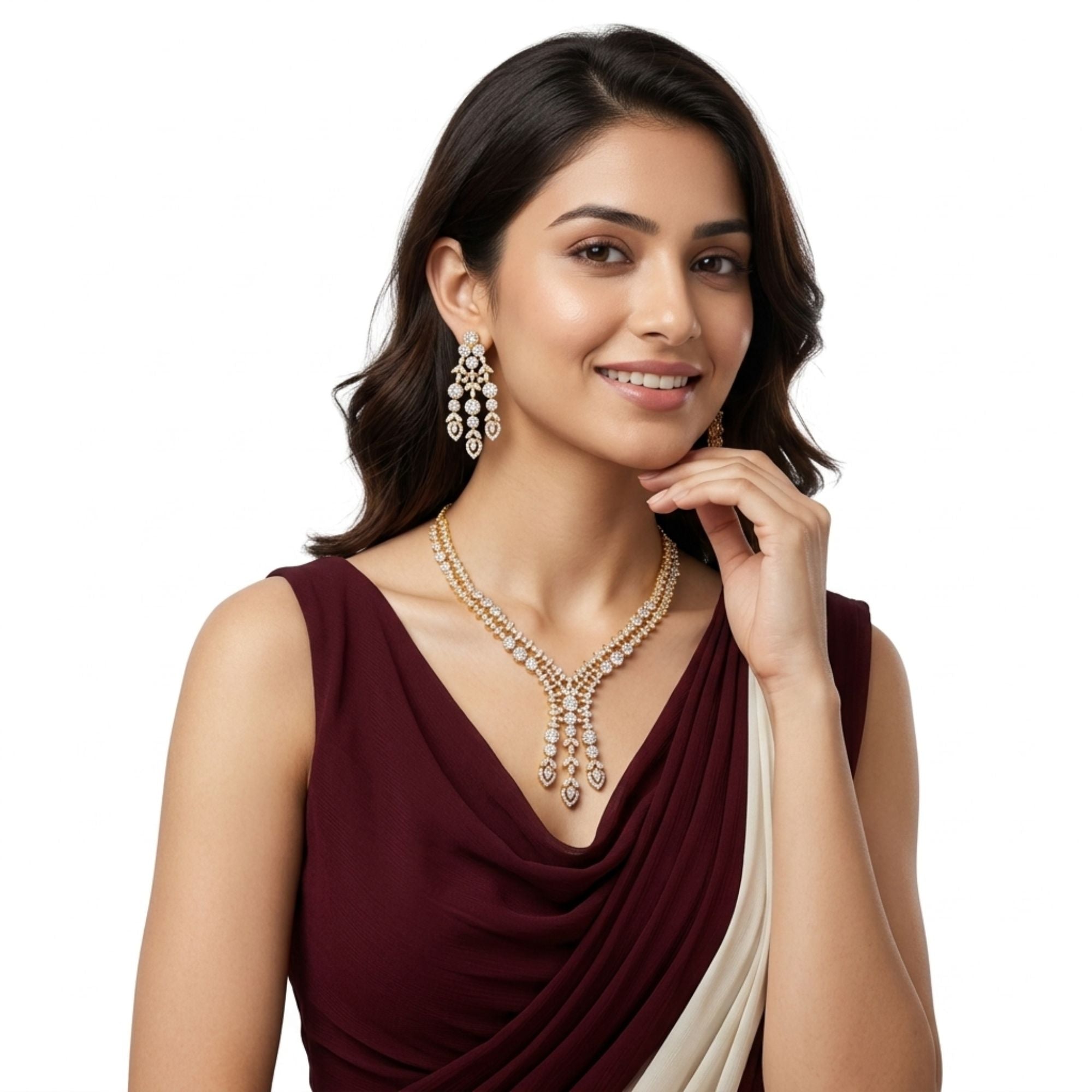 Classic White CZ Bridal Necklace & Earrings Set | Widest Diamond Look | 7CM Gold-Plated Broad Statement Jewellery | American Diamond | Indian Wedding & Reception Wear | Roz Jewellers