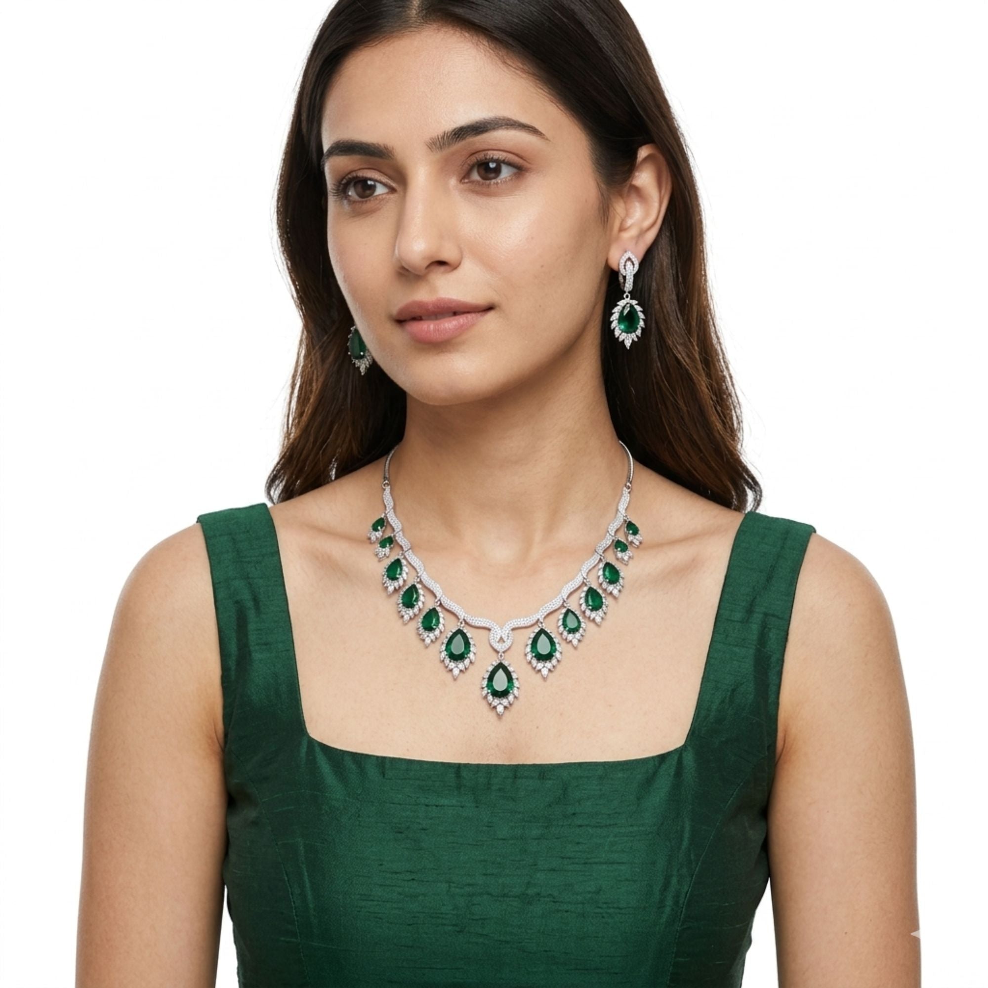 Emerald Green CZ Necklace & Earrings Set | American Diamond Royal Bridal Statement Jewellery | Gold-Plated Brass | Long 22CM | Indian Wedding, Reception & Festive Wear | Roz Jewellers
