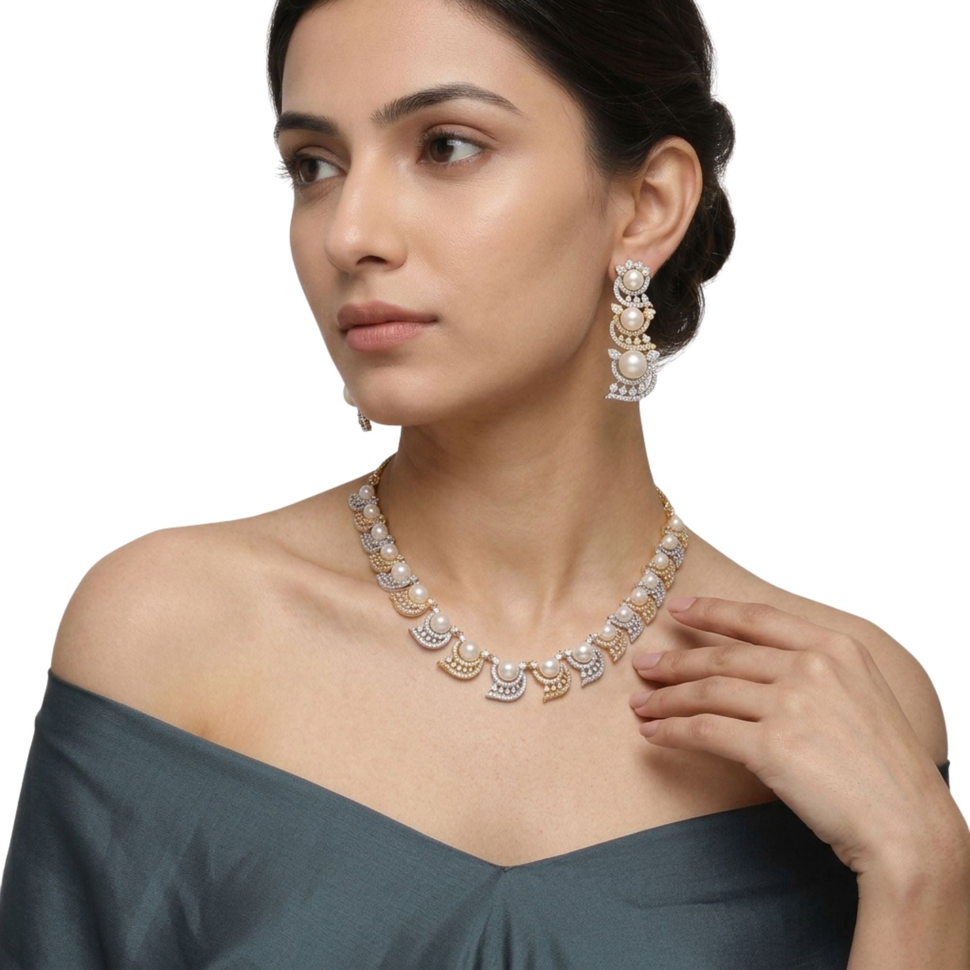 White Pearl Necklace & Earrings Set | Gold Tone Bridal Jewellery | Roz Jewellers