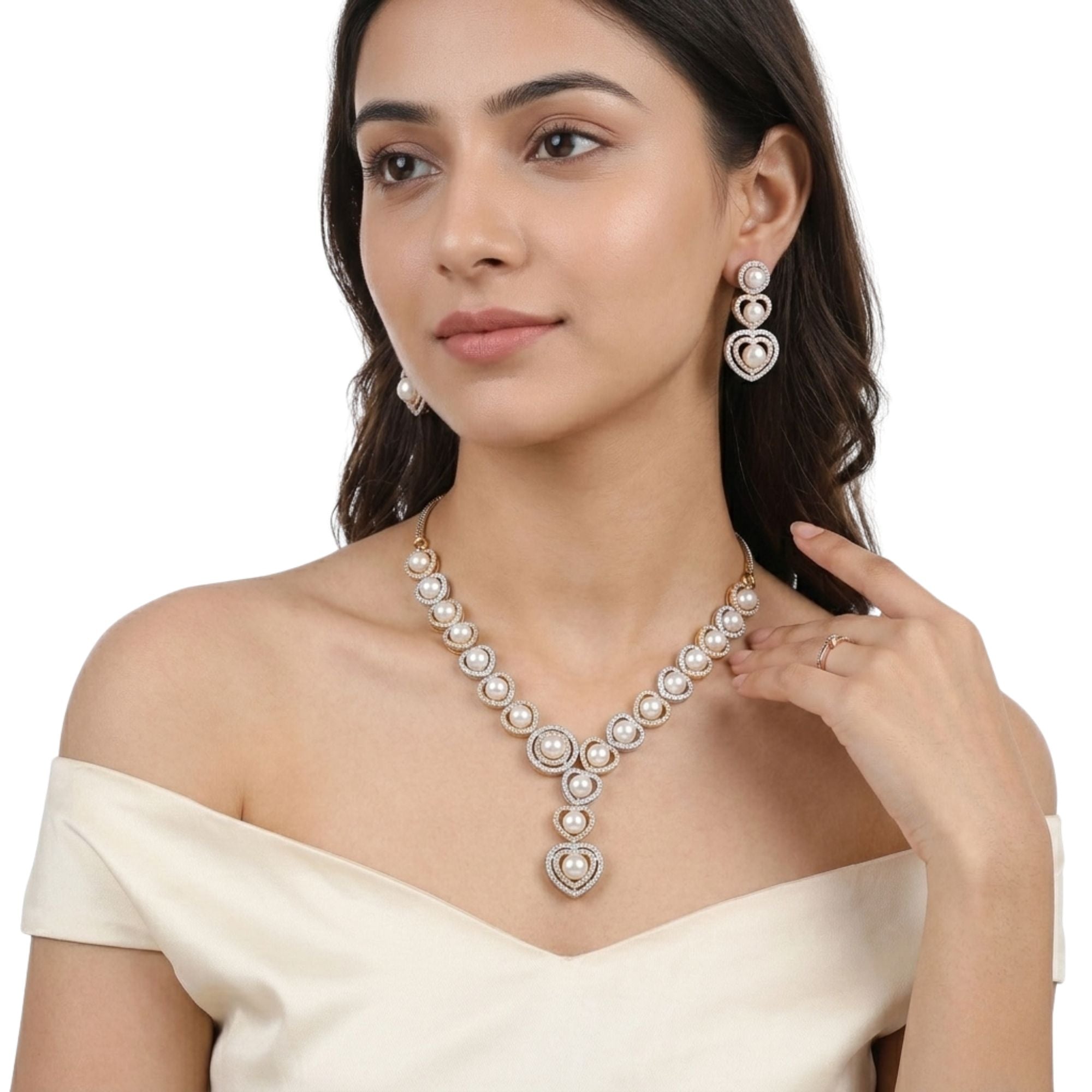 Pearl & CZ Necklace Set for Women with Earrings | Gold-Plated Brass | Modern Heirloom Bridal Jewellery | Indian Ethnic Wedding & Festive Wear | Roz Jewellers