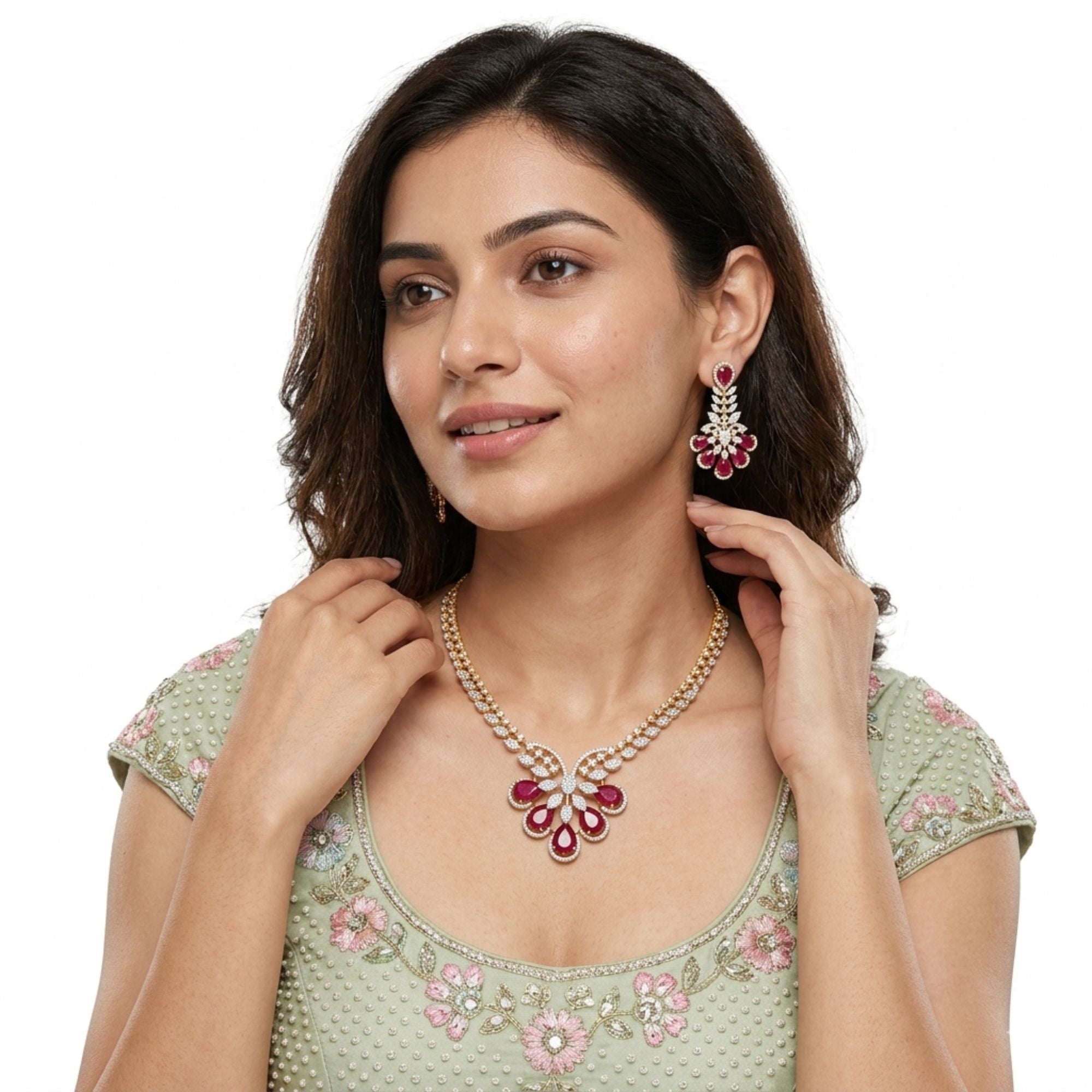 Ruby Red & CZ Crystal Bridal Necklace Set with Statement Earrings | Gold-Plated Brass | Indian Wedding, Reception & Festive Jewellery | Roz Jewellers