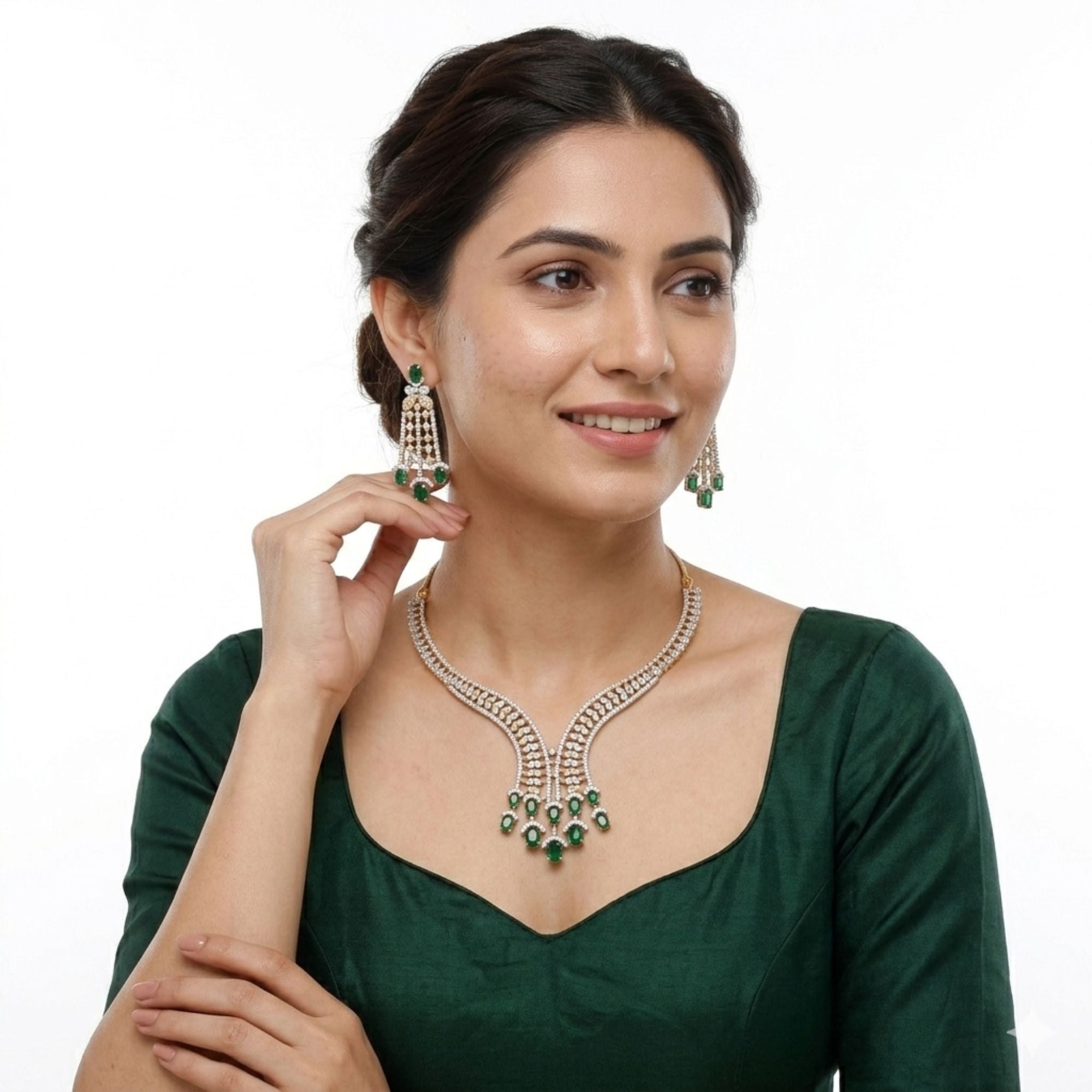 Emerald Green & CZ Long Necklace Set | Gold Plated Bridal Jewellery | Roz Jewellers