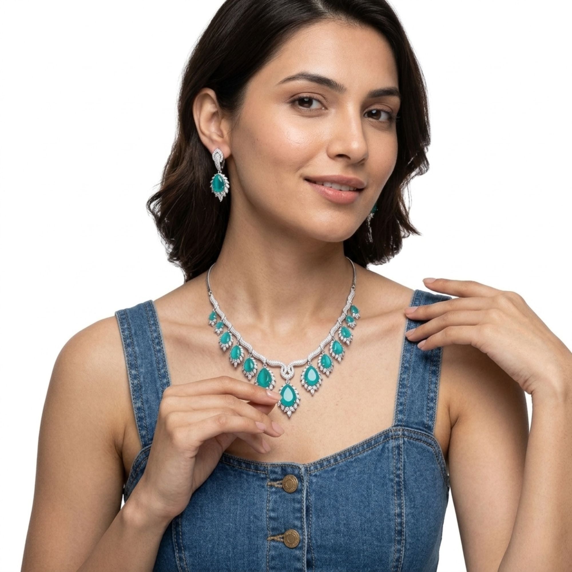 Mint Green Crystal CZ Necklace & Earrings Set | American Diamond Pastel Jewellery | Gold-Plated Brass | Long Statement Design | Indian Festive, Wedding & Haldi Wear | Roz Jewellers
