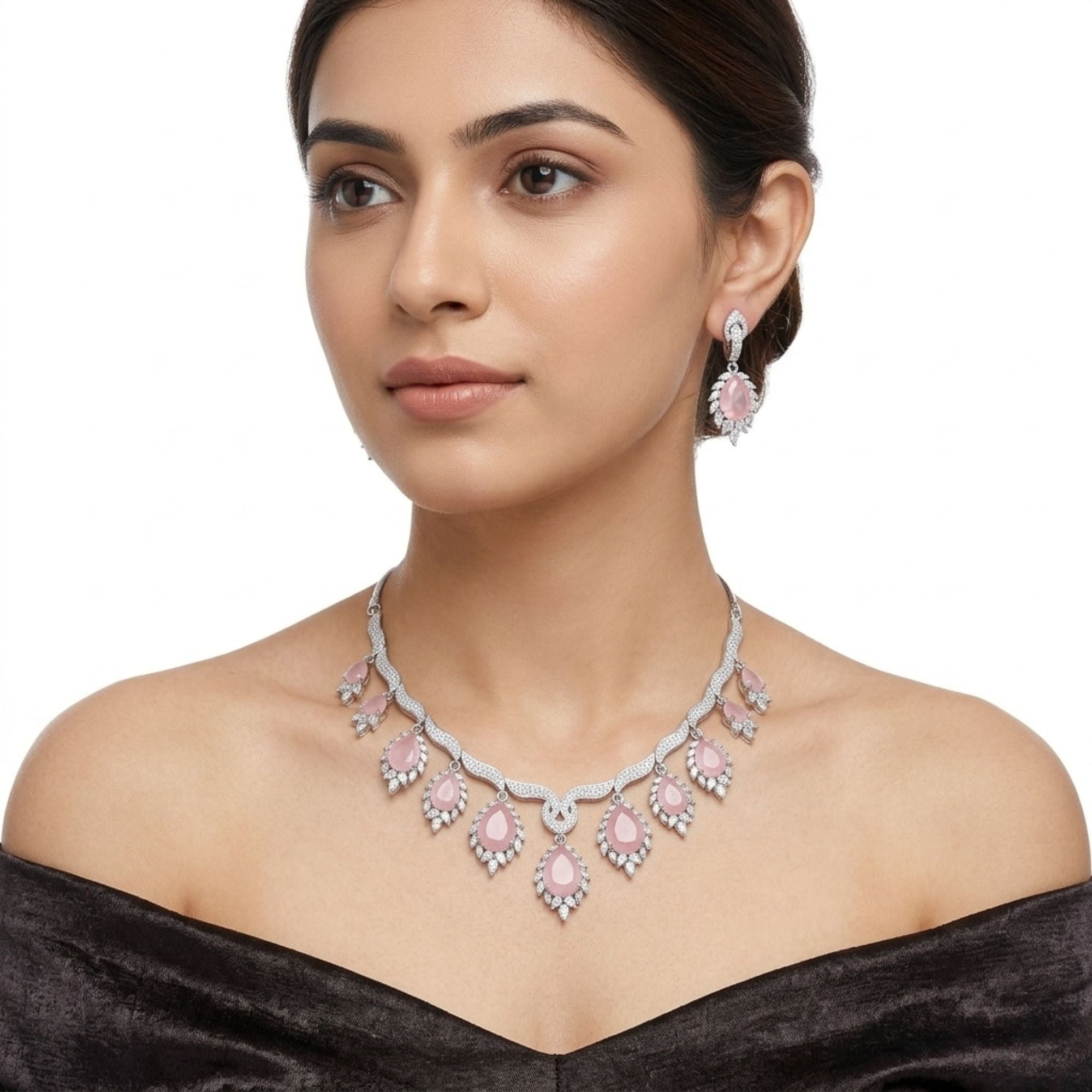 Pink Crystal & CZ Necklace Set | Gold Plated Party Jewellery | Roz Jewellers