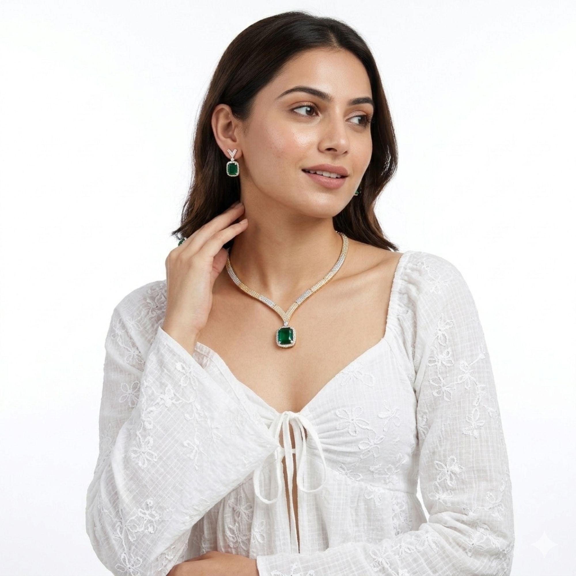 Emerald Green & CZ Necklace Set | Gold Tone Bridal Jewellery | Roz Jewellers