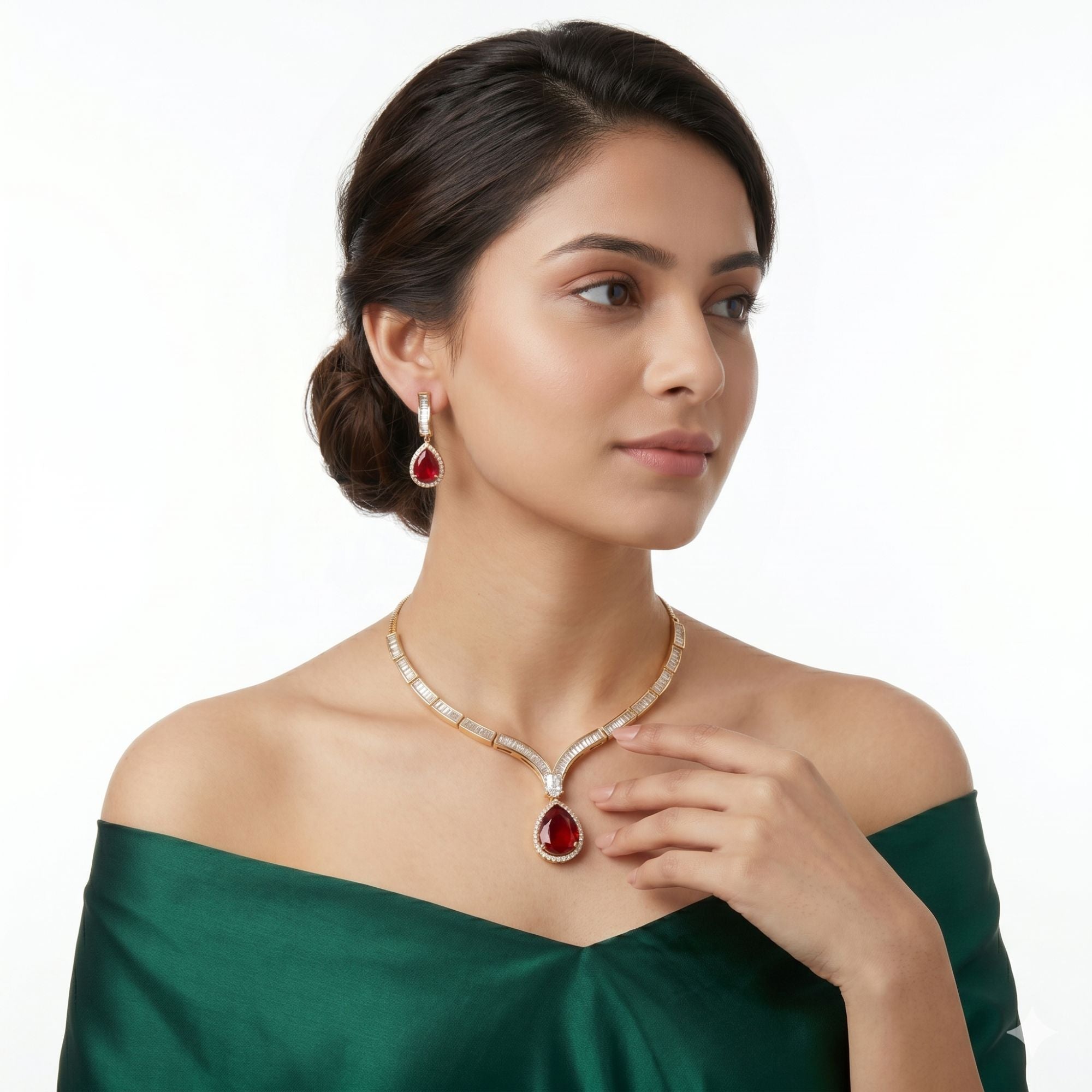 Indian Ruby Stone Necklace & Earrings Set | Gold Tone Bridal Jewellery | Roz Jewellers