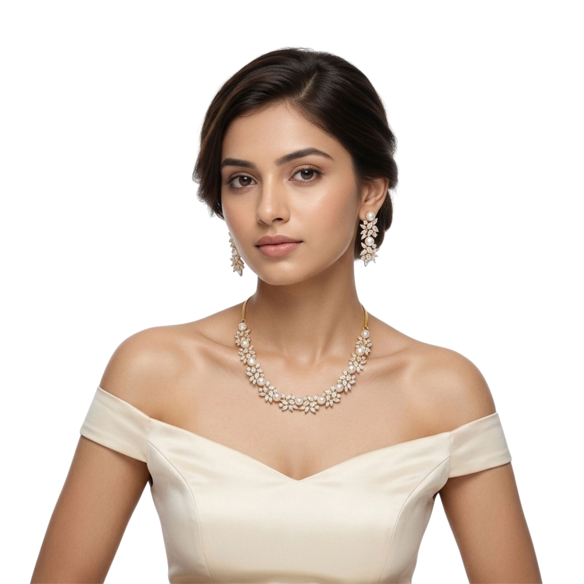 Bridal Pearl & CZ Necklace Set with Earrings | Short Gold-Plated Choker Style | Modern Heirloom | Indian Wedding, Reception & Festive Jewellery | Roz Jewellers
