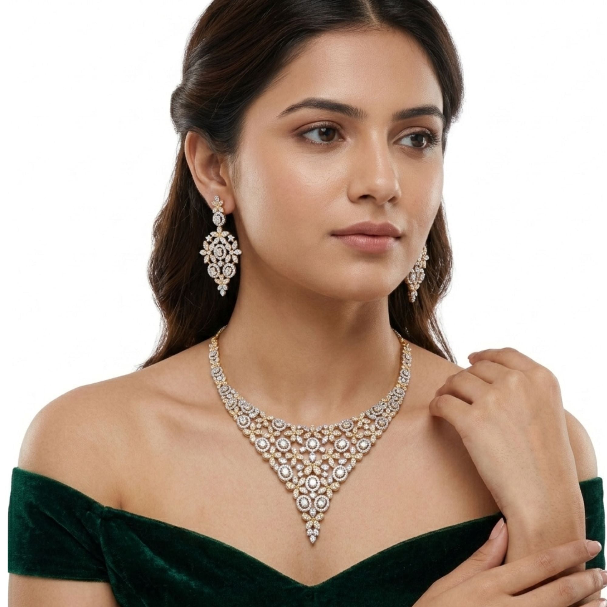 Luxury CZ Bridal Necklace & Earrings Set | Art Deco Gold Tone | Antique Style American Diamond | Wedding, Reception & Gala Jewellery | Roz Jewellers