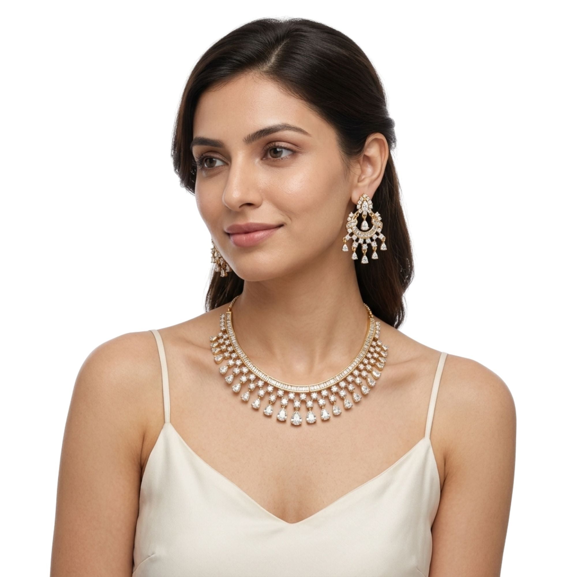 Gold-Plated Diamond Look CZ Necklace & Earrings Set | American Diamond Bridal & Party Wear | Brass | Long Statement Ethnic Jewellery | Roz Jewellers