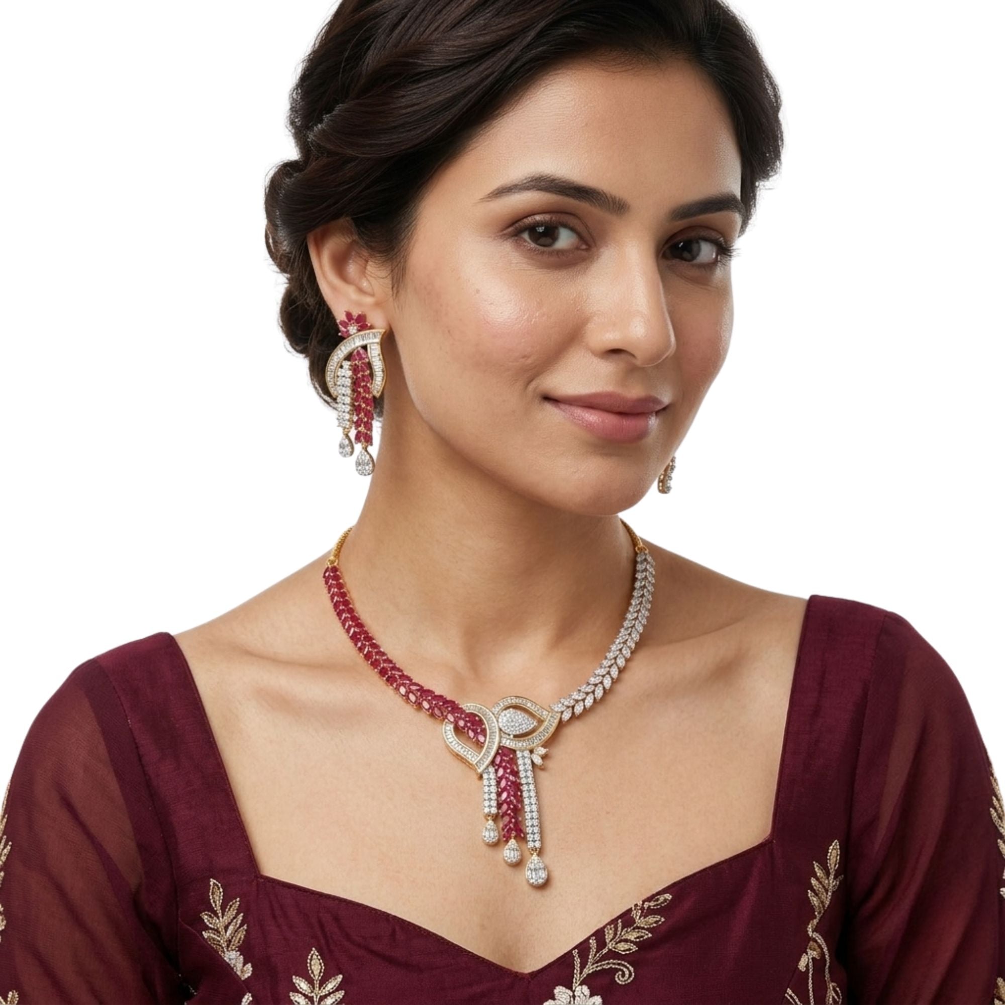 Ruby & CZ Bridal Necklace & Earrings Set | Gold Plated Bollywood Jewellery | Roz Jewellers