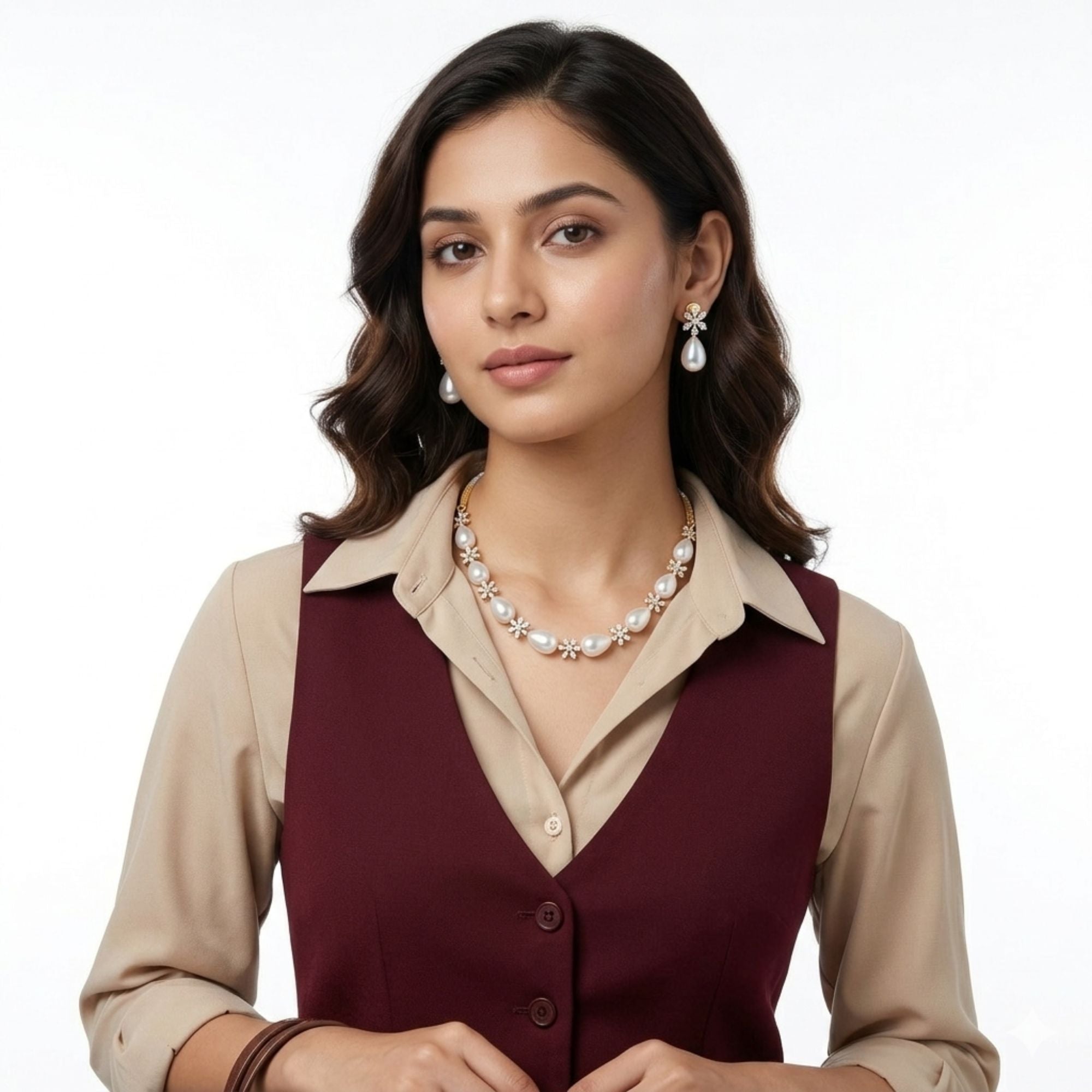 Classic White Pearl Long Necklace & Earrings Set | Gold Plated | Roz Jewellers