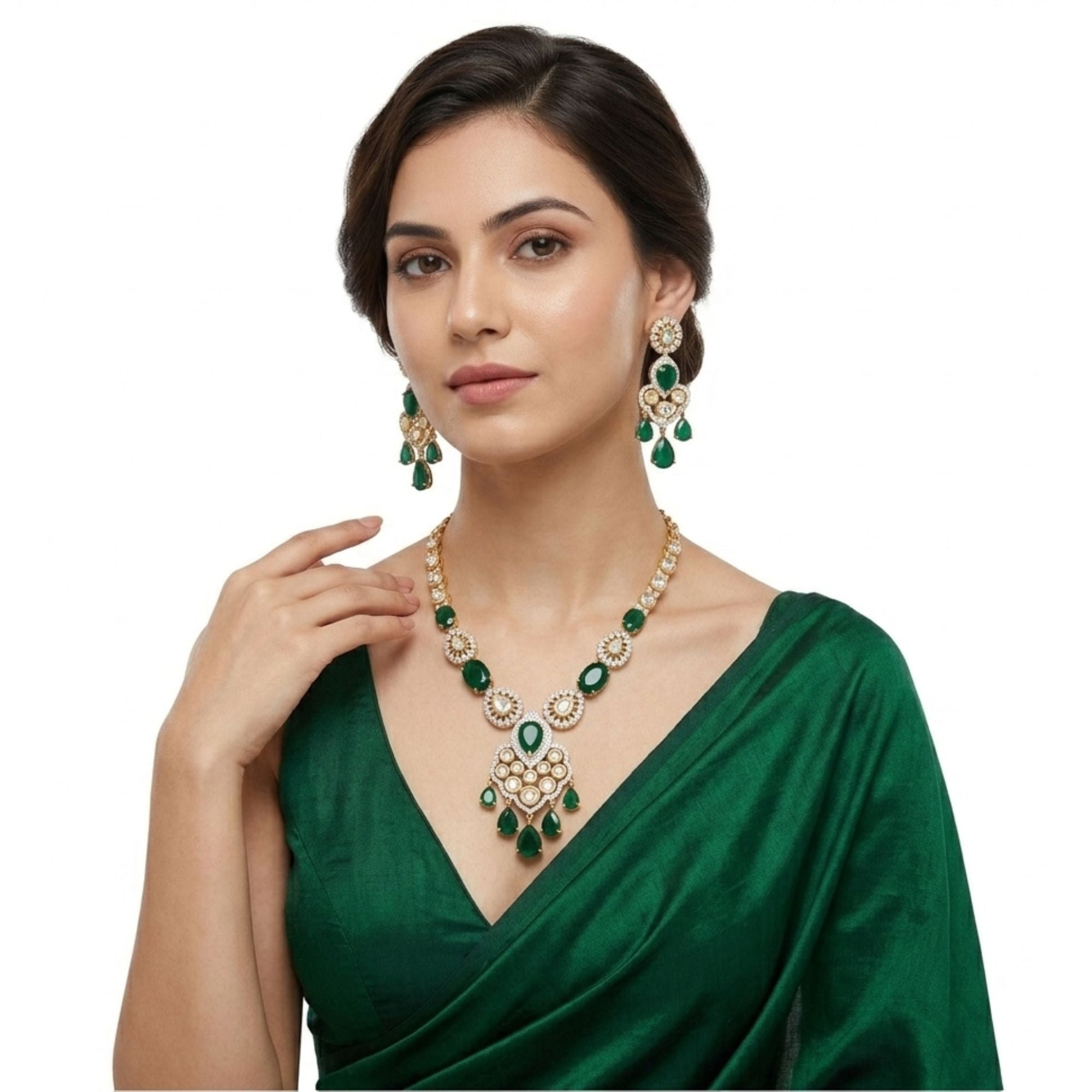 Bollywood Emerald Green & CZ Bridal Necklace Set | Gold-Plated Brass | American Diamond Halo | Indian Wedding & Festive Jewellery | Roz Jewellers