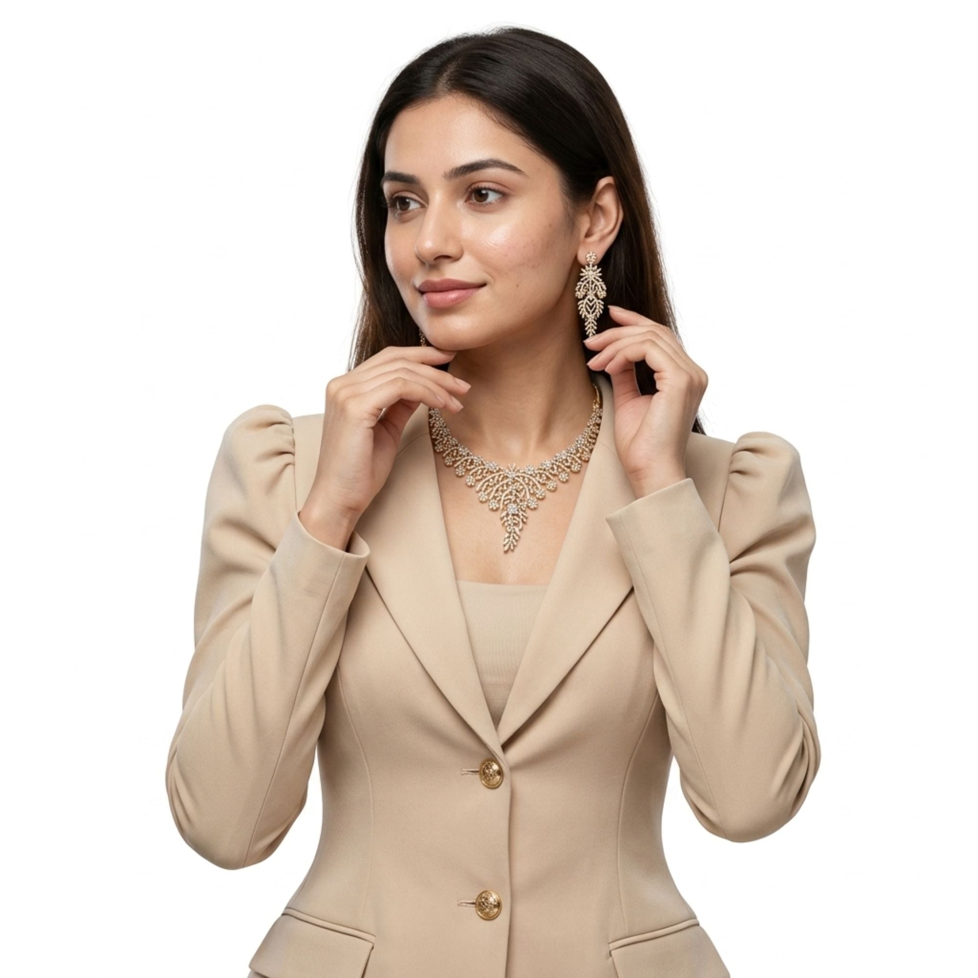 Gold Plated CZ Necklace & Earrings Set | Elegant Bridal Jewellery | Roz Jewellers