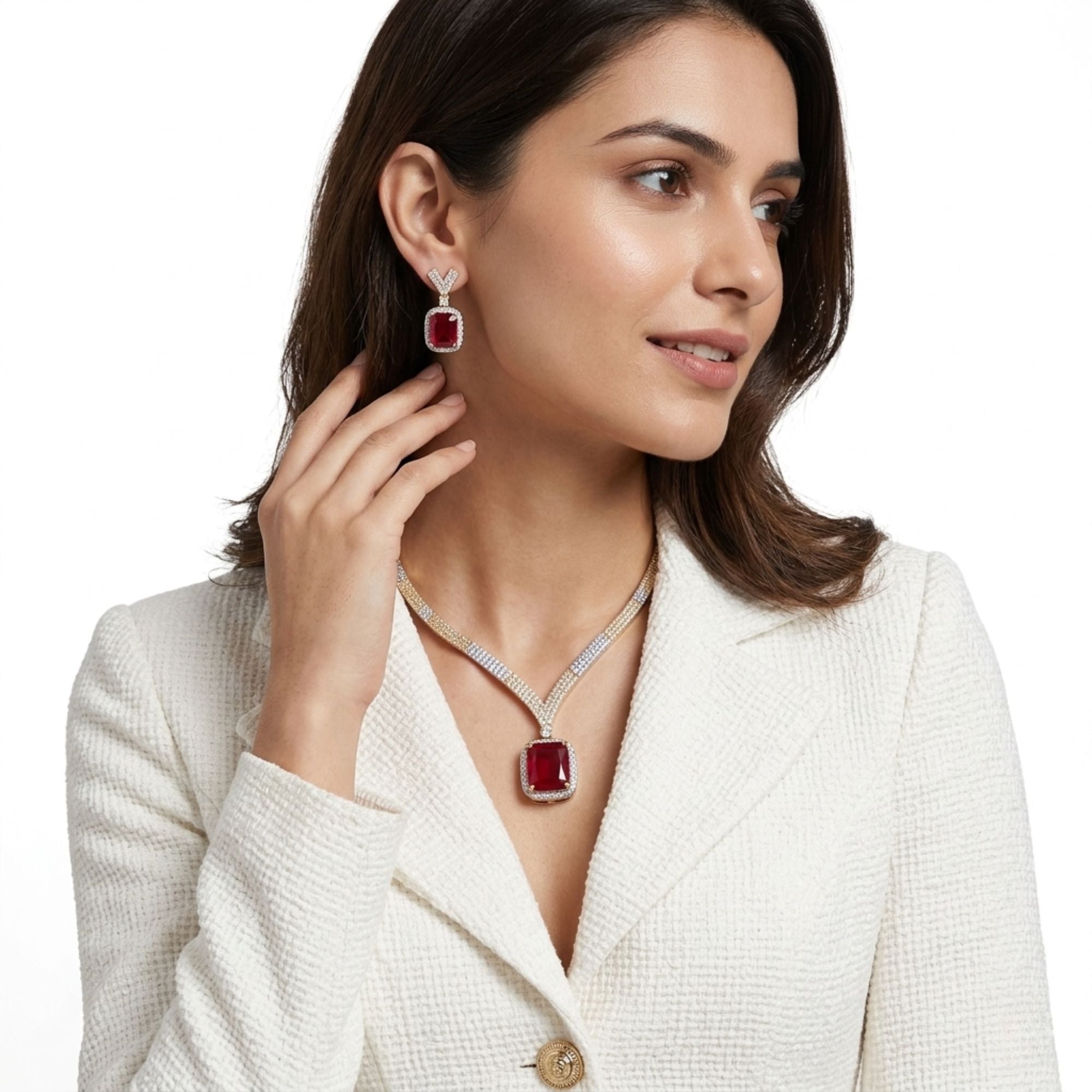 Ruby Red Stone Necklace & Earrings Set | Slim Gold-Plated Brass | Minimal Elegant Design | Daily Wear, Wedding Guest & Festive Jewellery for Women | Roz Jewellers