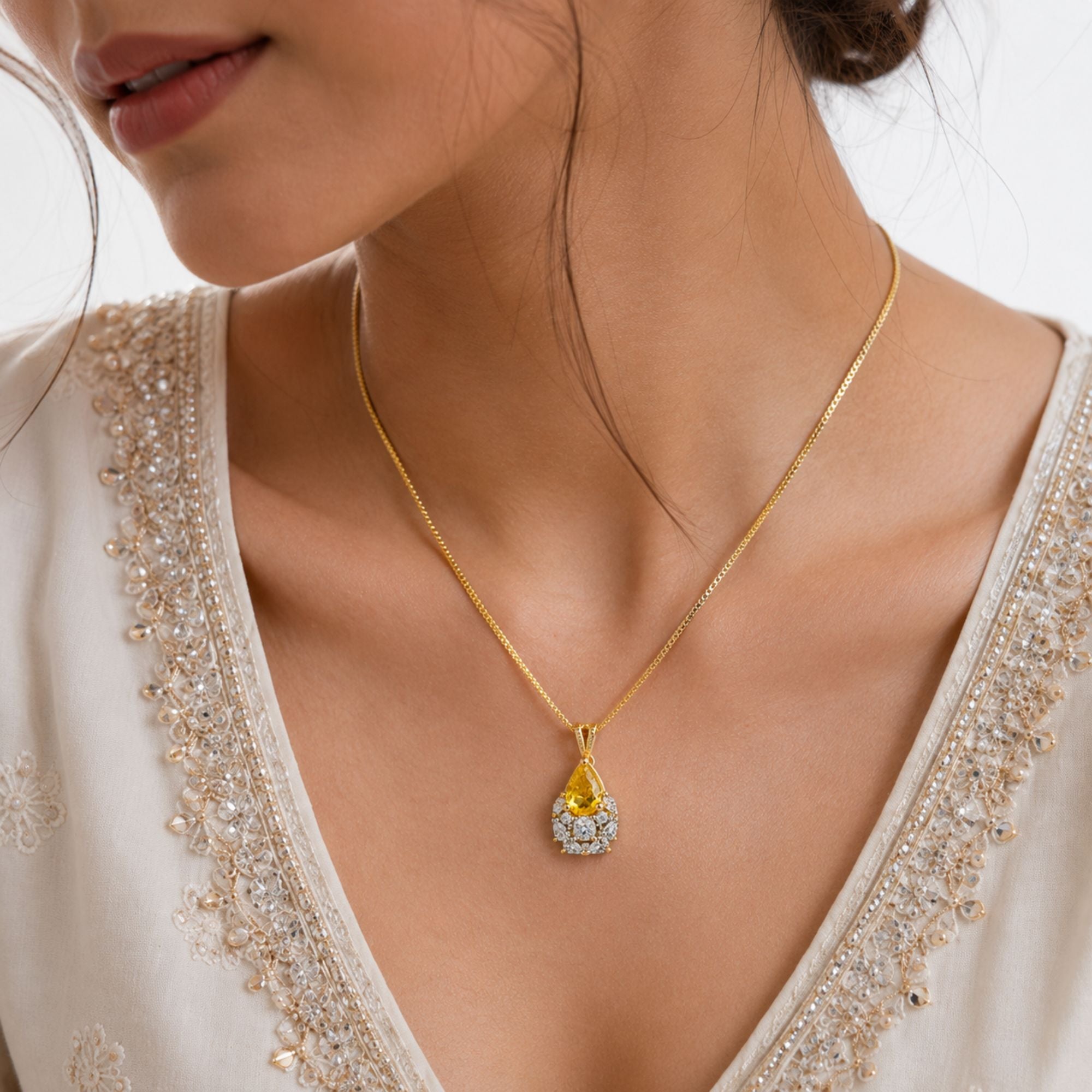 Pukhraj Yellow Teardrop CZ Pendant
