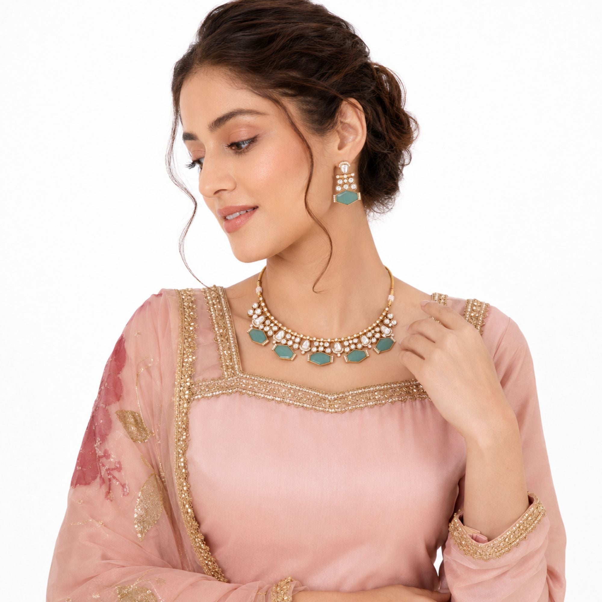 Nazakat Mint Kundan Necklace Set
