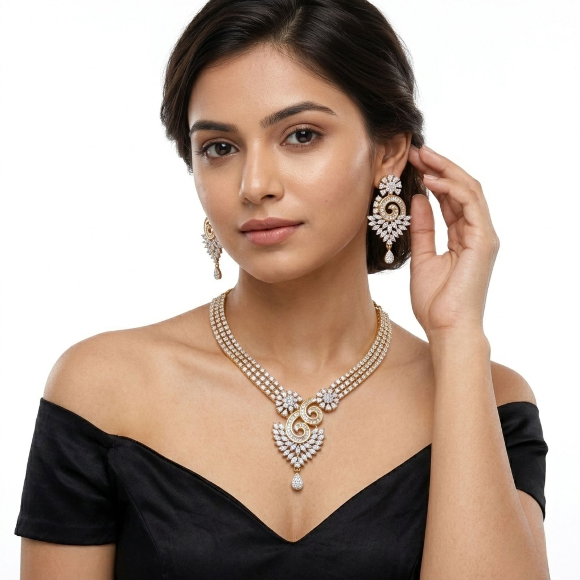 Gold-Plated Cubic Zirconia Necklace & Earrings Set | American Diamond Statement Jewellery | Brass | Ethnic & Party Wear | Roz Jewellers