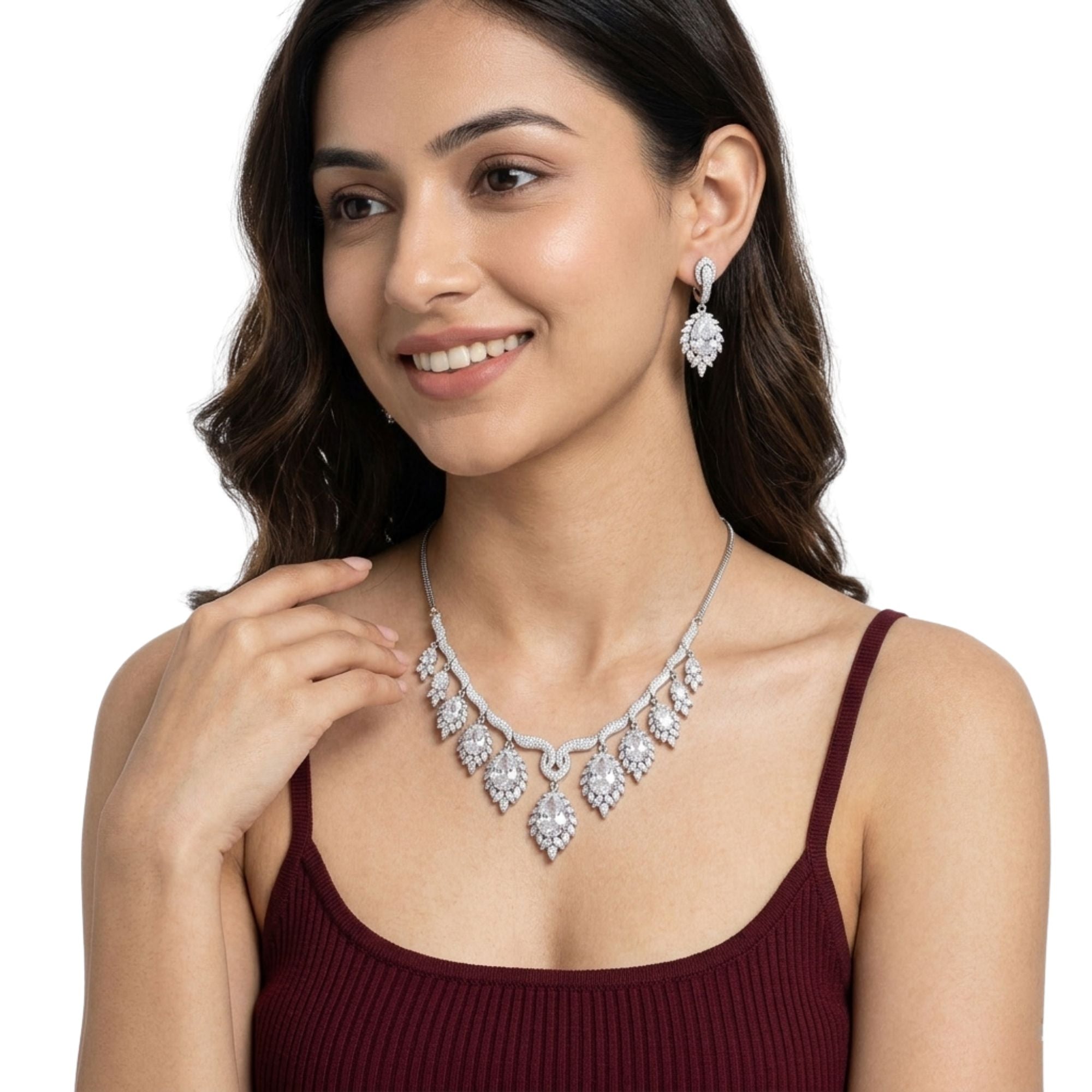 White CZ Diamond Look Necklace & Earrings Set | Grand Bridal Statement Jewellery | Gold-Plated Brass | Long 22CM American Diamond | Indian Wedding, Reception & Festive Wear | Roz Jewellers