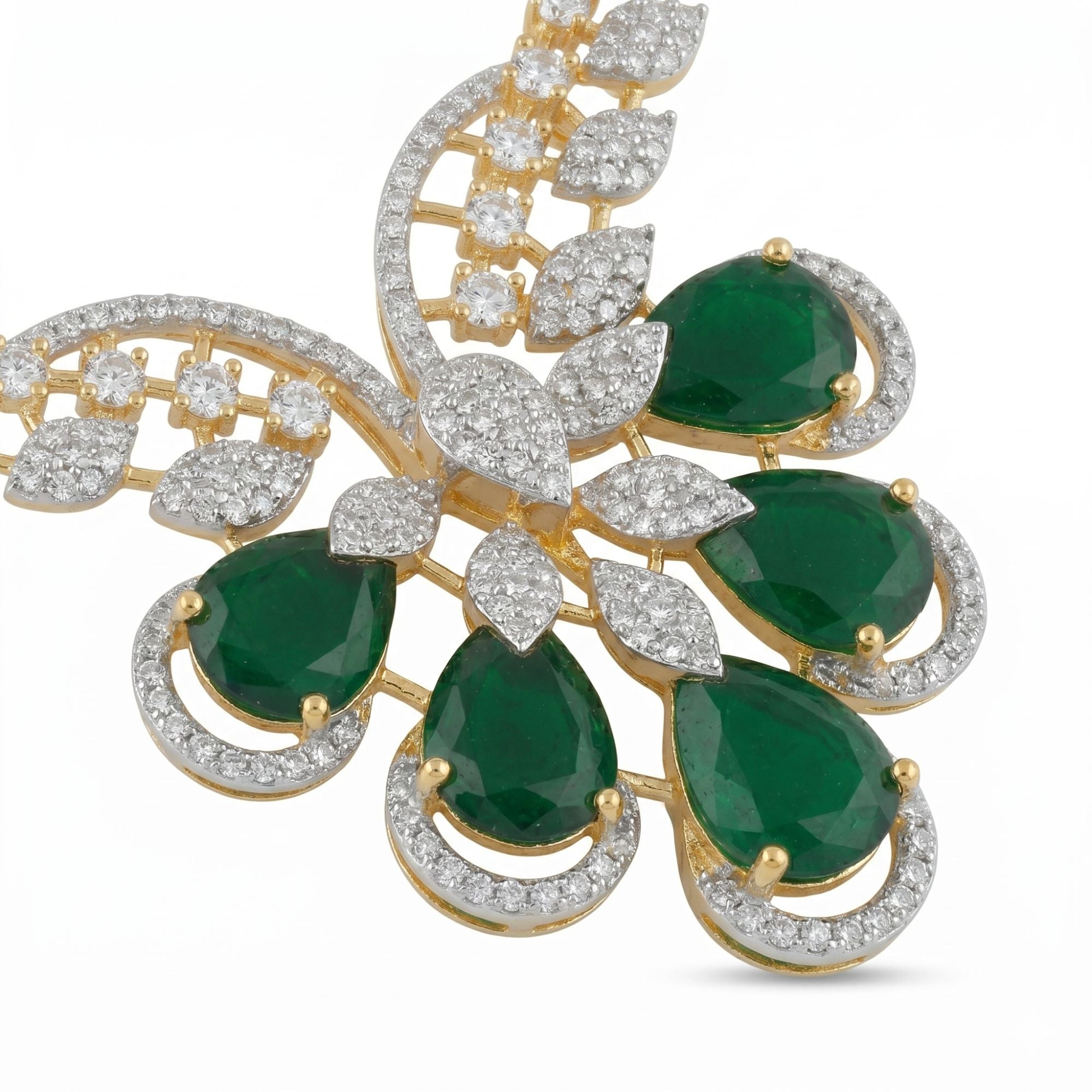 Royal Emerald Green & CZ Bridal Necklace Set | Gold Plated Teardrop Jewellery | Roz Jewellers