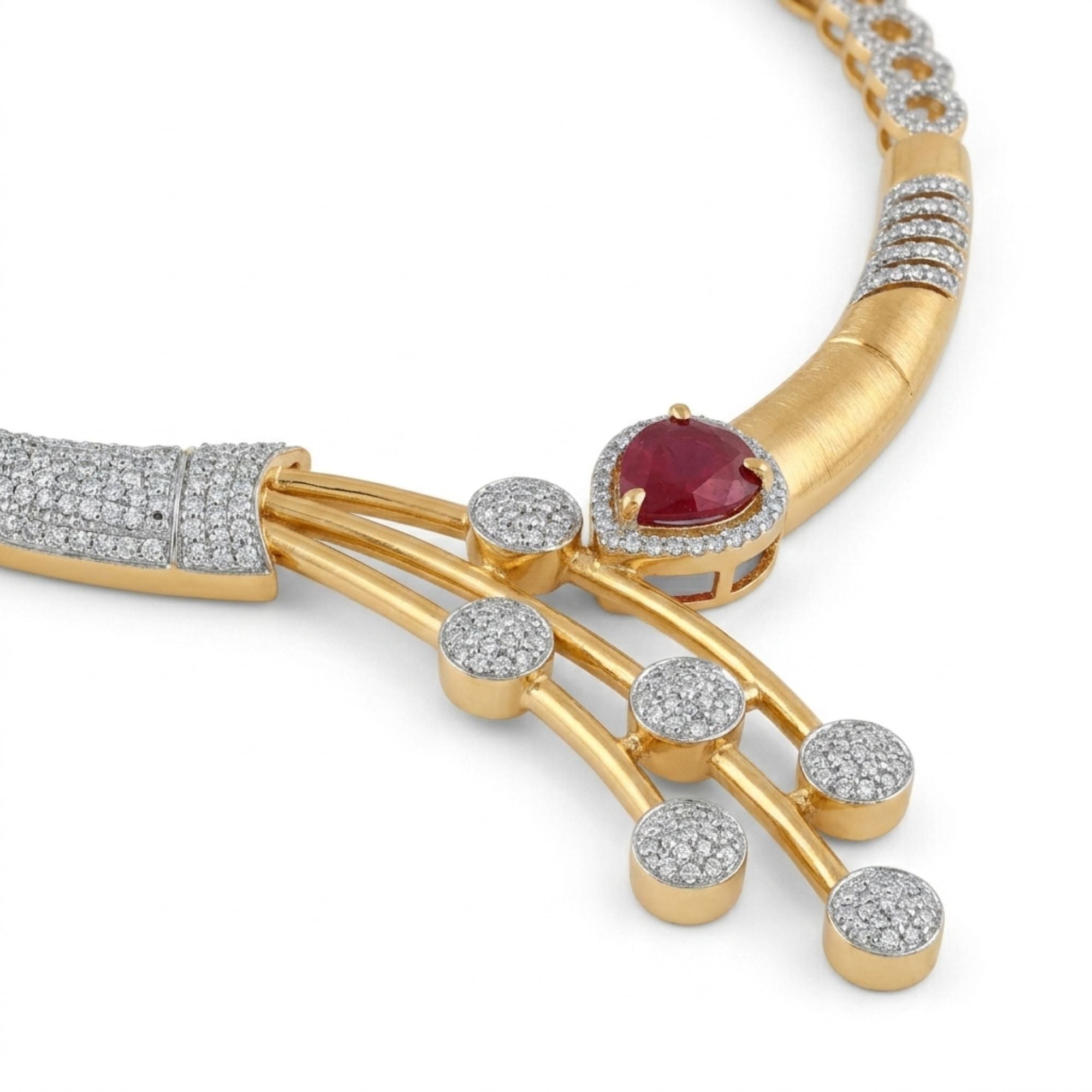 Modern Ruby & CZ Teardrop Necklace Set | Gold Tone Brass | American Diamond Simulant | Ethnic Party & Festive Wear | Roz Jewellers