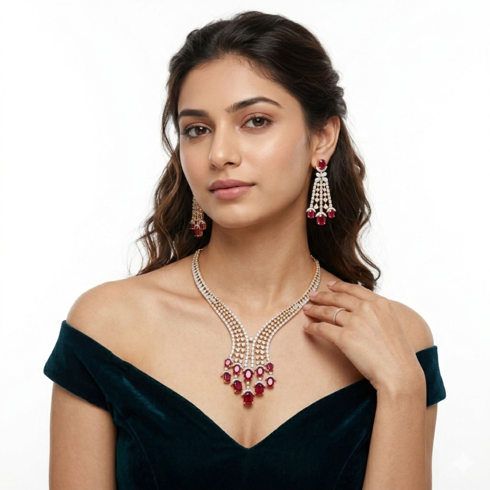 Indian Ruby Stone Necklace & Earrings Set | Gold Tone Bridal Jewellery | Roz Jewellers