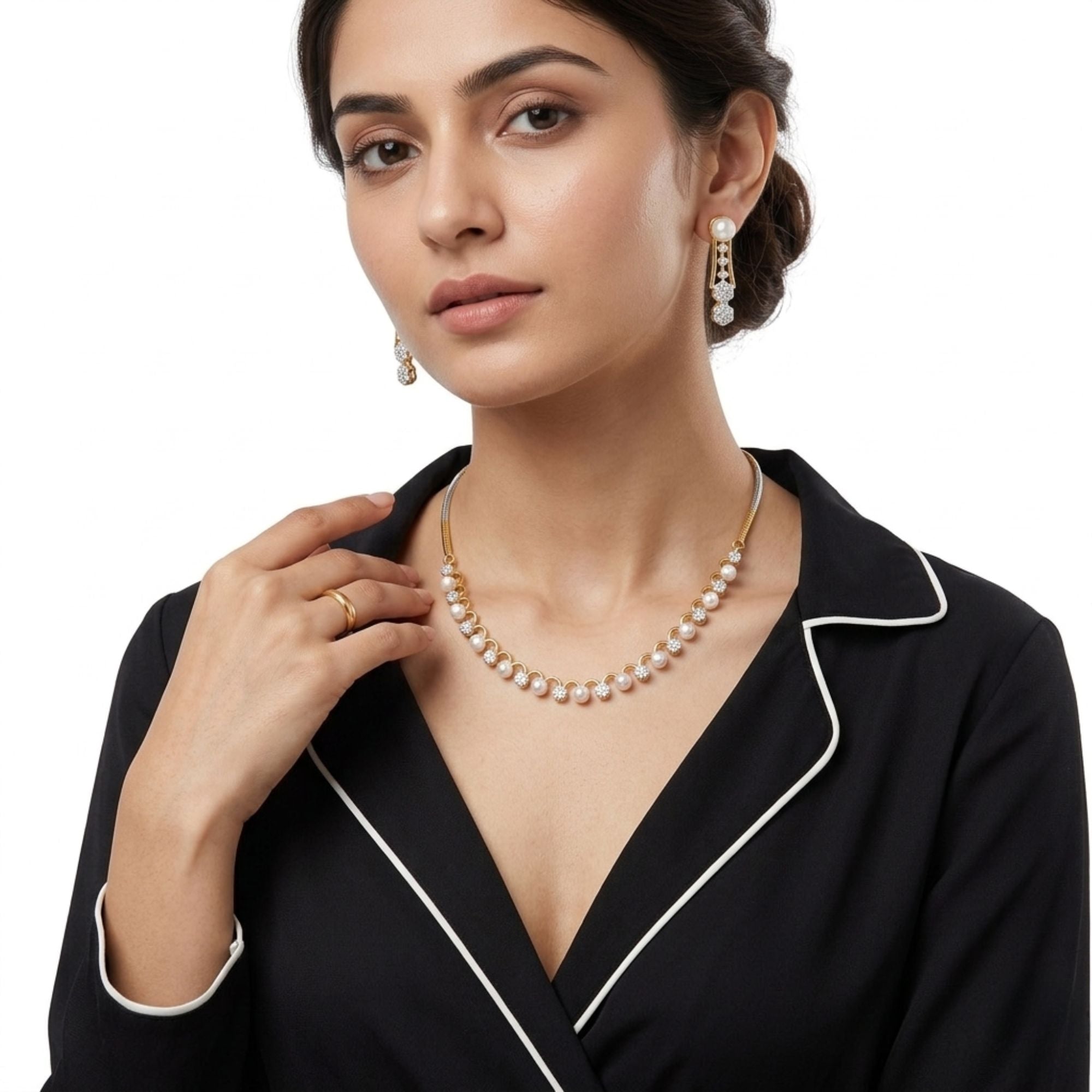 White Pearl Necklace & Earrings Set | Gold-Plated Brass | Minimal Classic Design | Daily Wear, Ethnic & Festive Occasion Jewellery for Women | Roz Jewellers