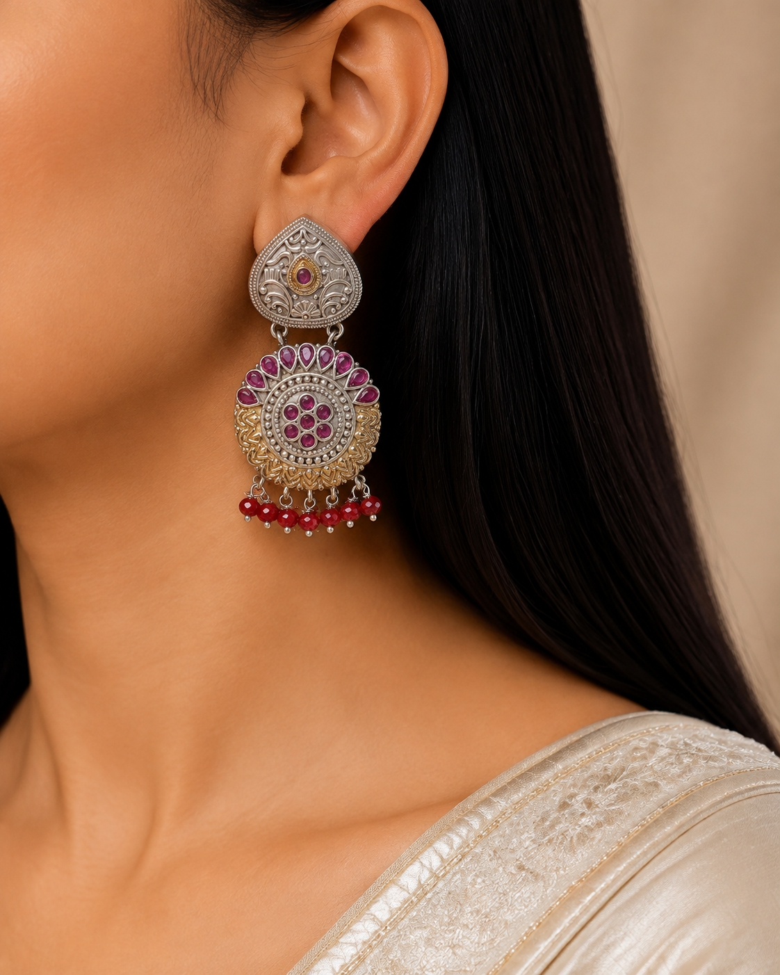Dual Tone Oxidized Silver Ruby Stone Chandbali Kundan Earrings with Bead Roz Jewellers.