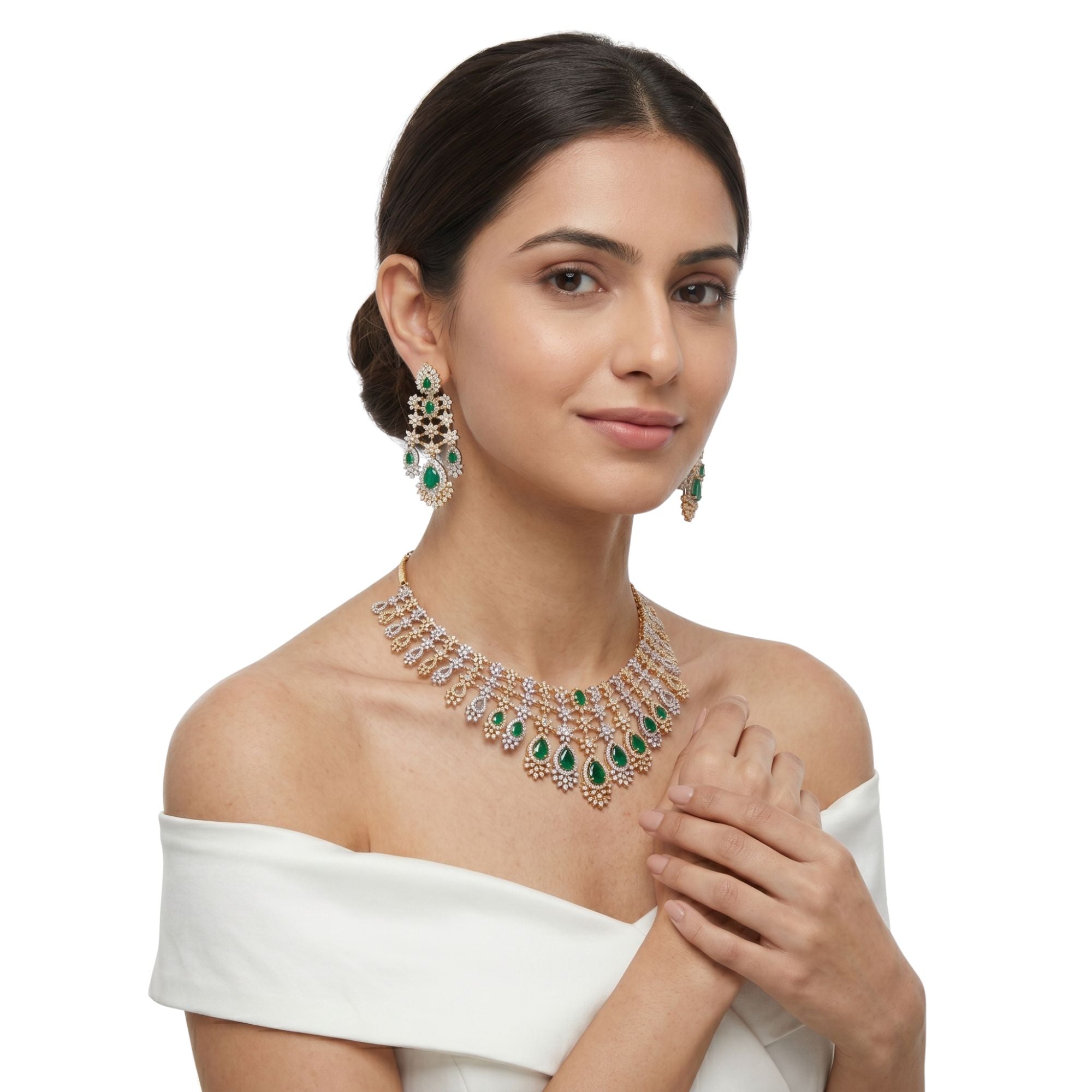 Emerald Green Stone Necklace Set | Gold Plated Bridal Jewellery | Roz Jewellers