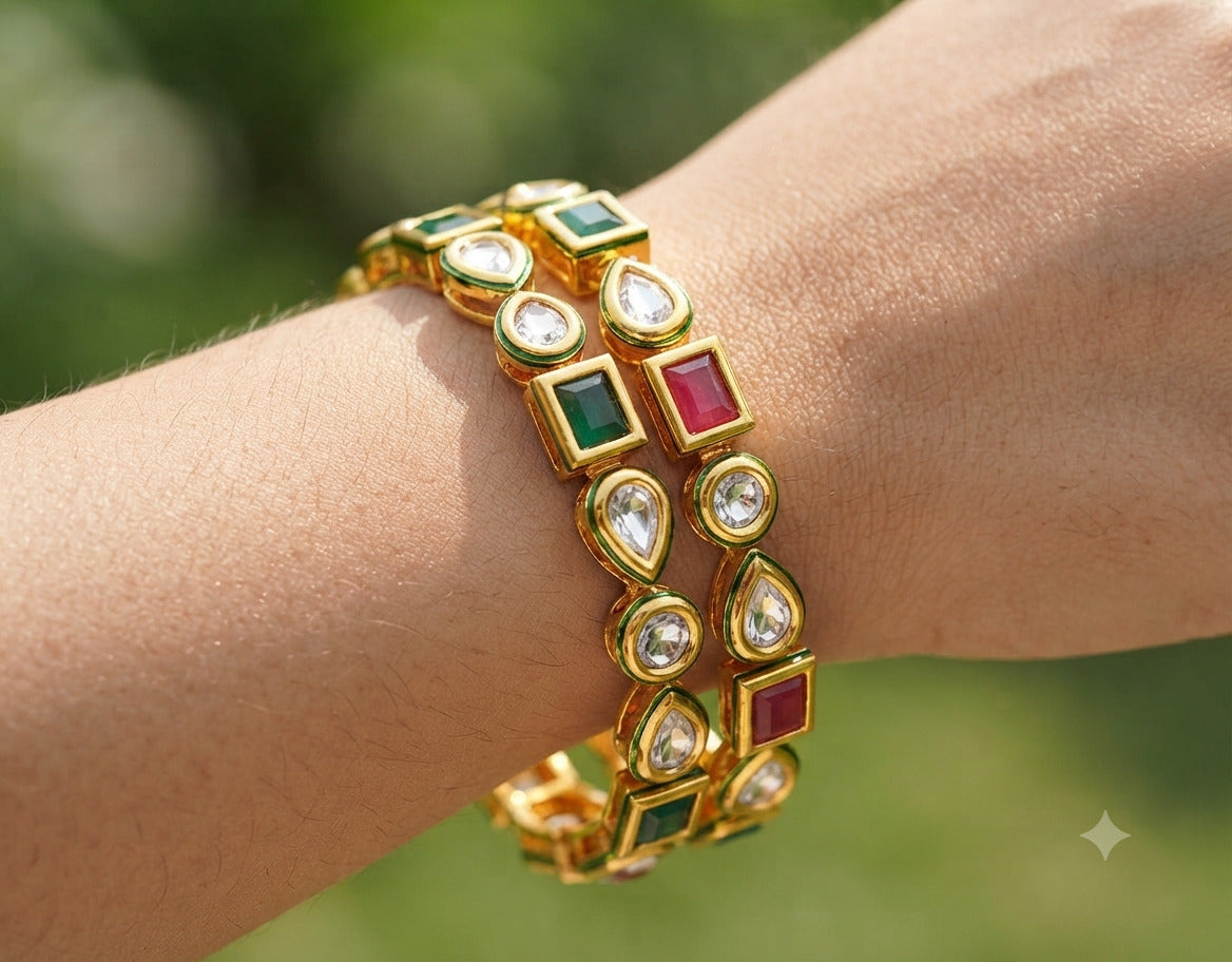 Royal Emerald and Ruby Kundan Bangles in Gold Finish Roz Jewellers.