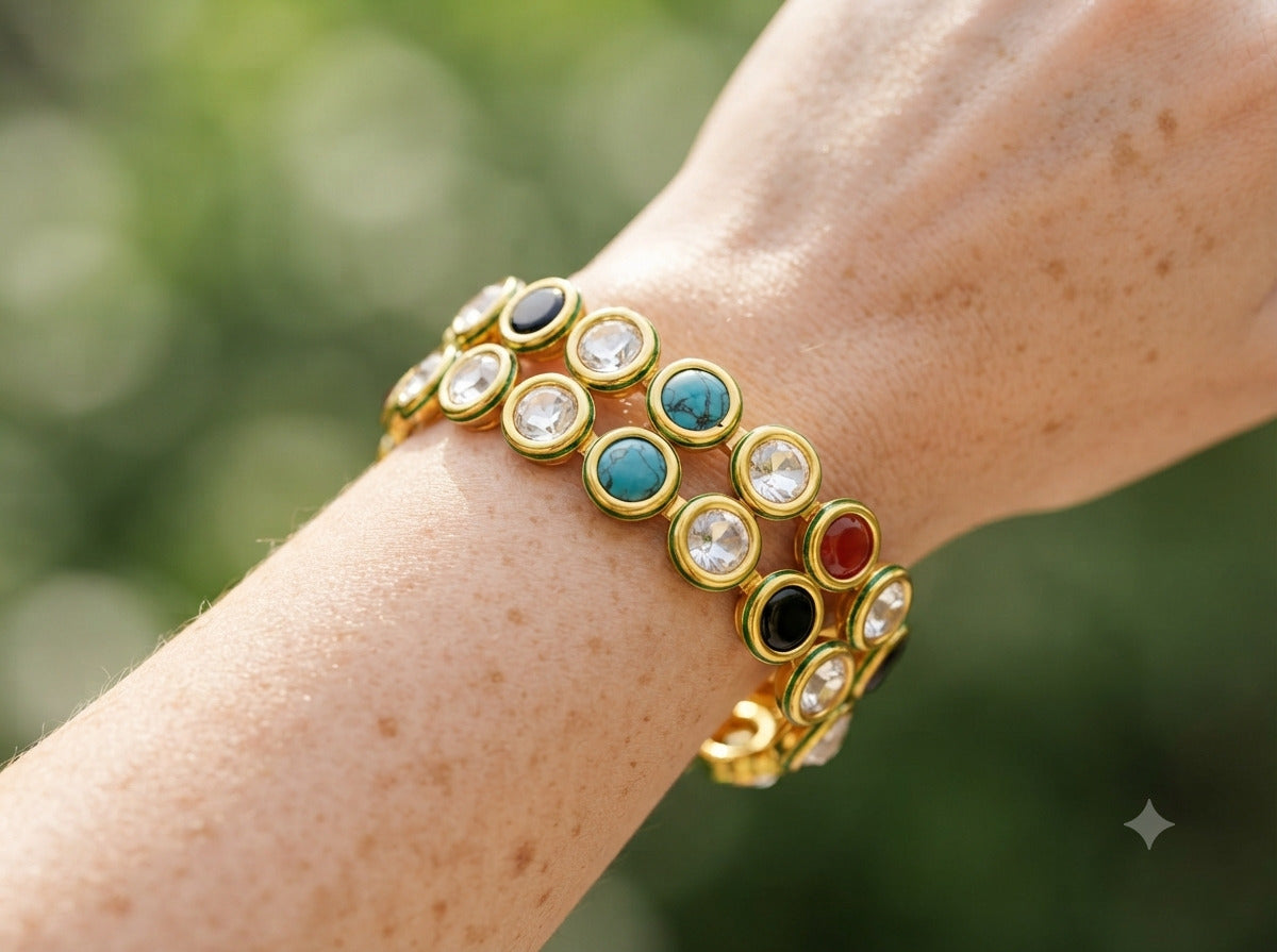Heritage Gold Navratna Bangles with Kundan Accents Roz Jewellers.