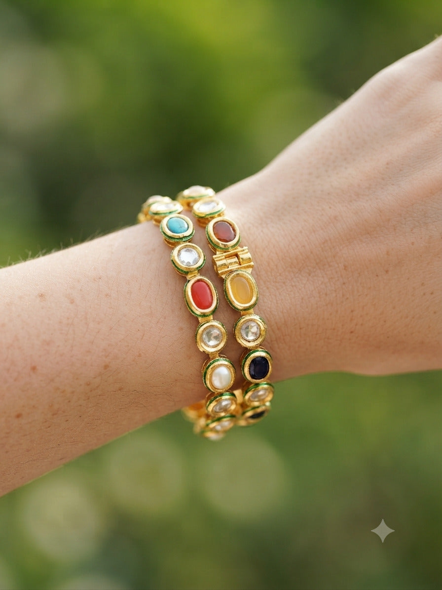 Traditional Multi stone Kundan Bangles Gold Finish Roz Jewellers.