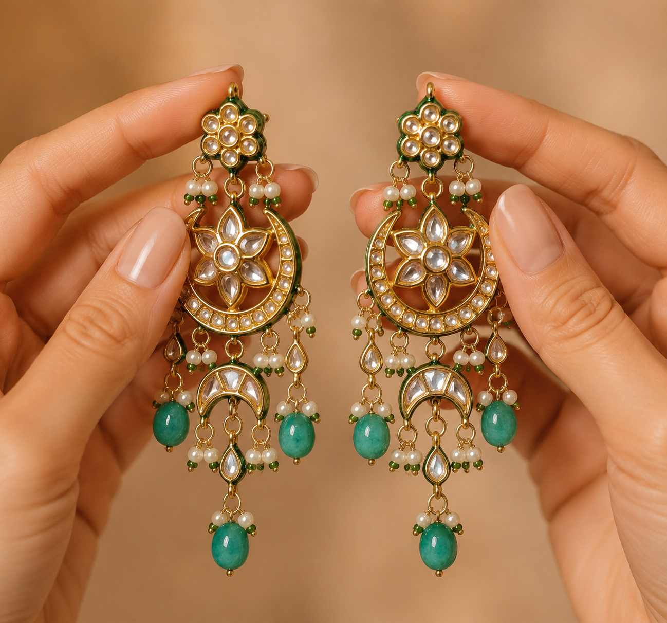 Bollywood Mint Green Kundan Chandbali Earrings with Pearl Drops Roz Jewellers