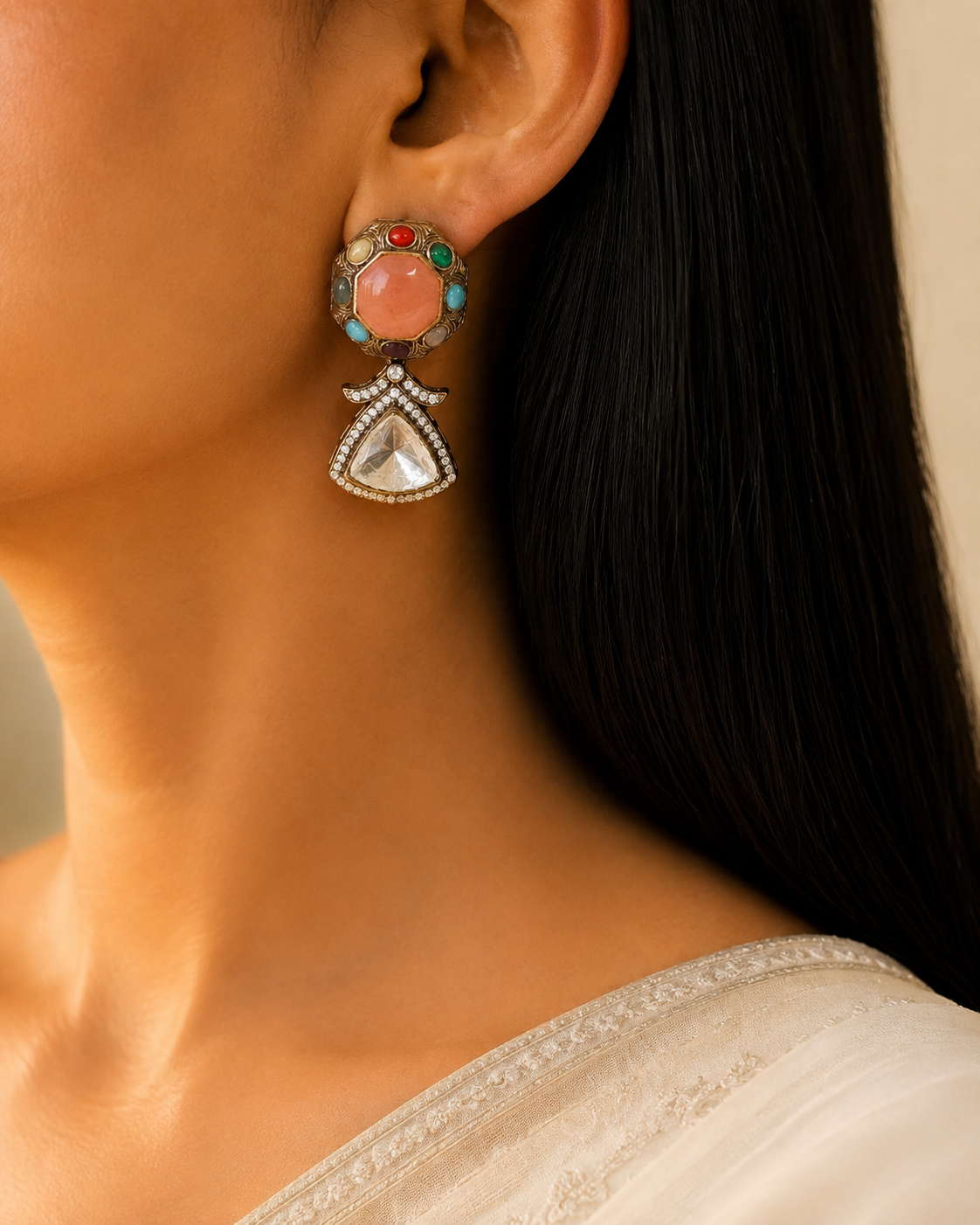 Luxury Coral Peach Multi Kundan Statement Earrings Gold Tone Roz Jewellers.