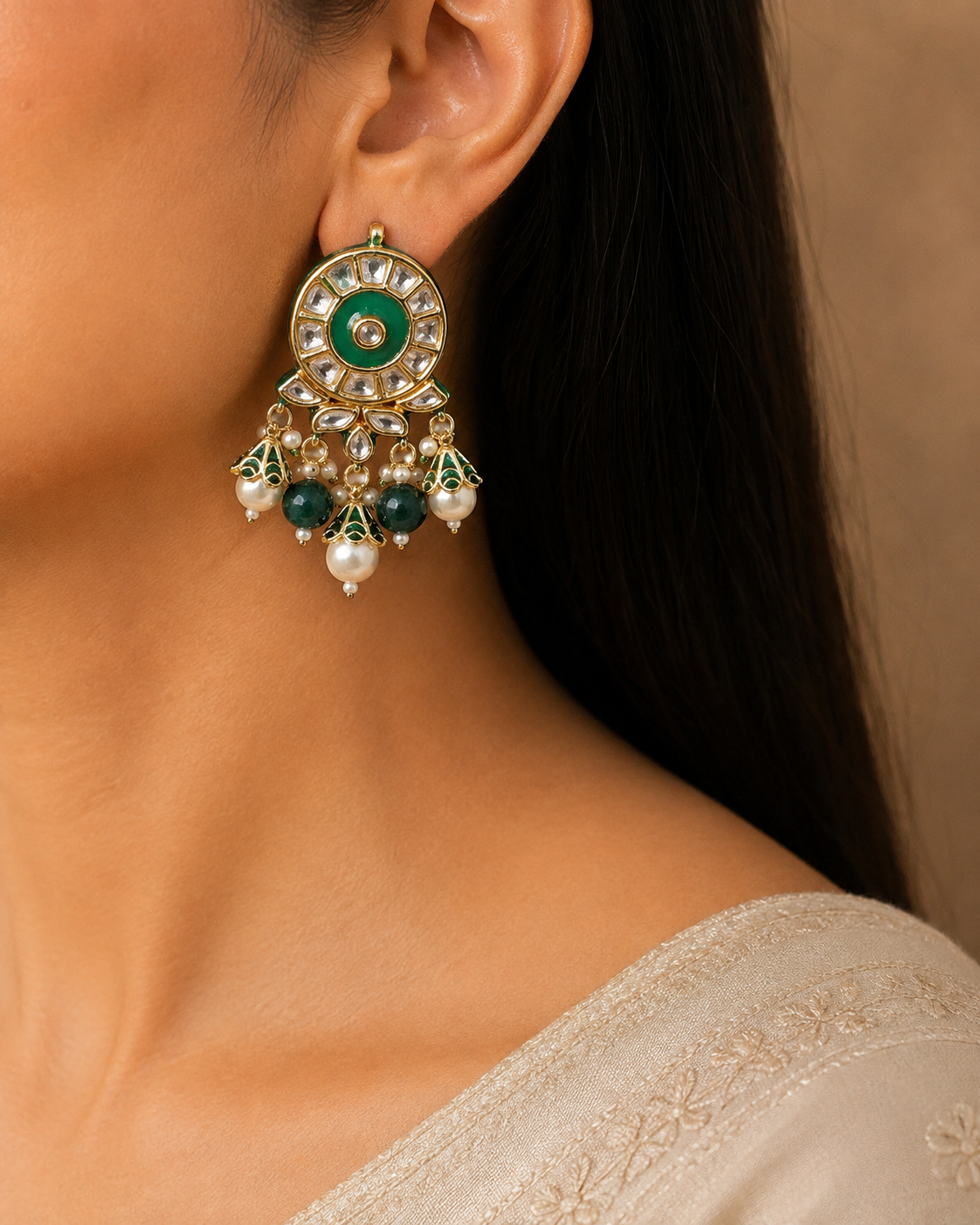 Traditional Green Kundan Necklace Set with Pearl Dangling Beads Roz jewellers