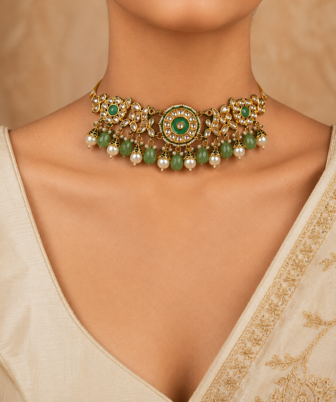 Mint Green Pearl Kundan Choker with Floral Motifs Roz Jewellers.