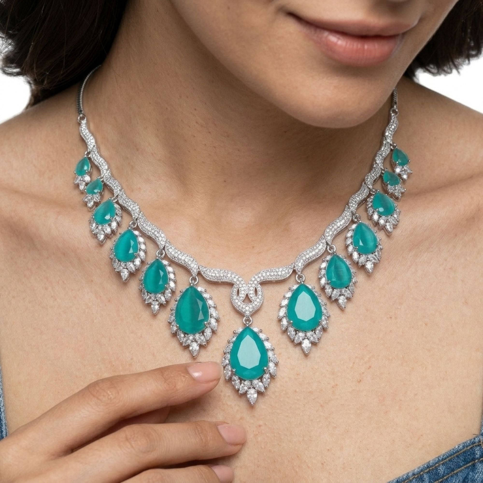 Mint Green Crystal CZ Necklace & Earrings Set | American Diamond Pastel Jewellery | Gold-Plated Brass | Long Statement Design | Indian Festive, Wedding & Haldi Wear | Roz Jewellers