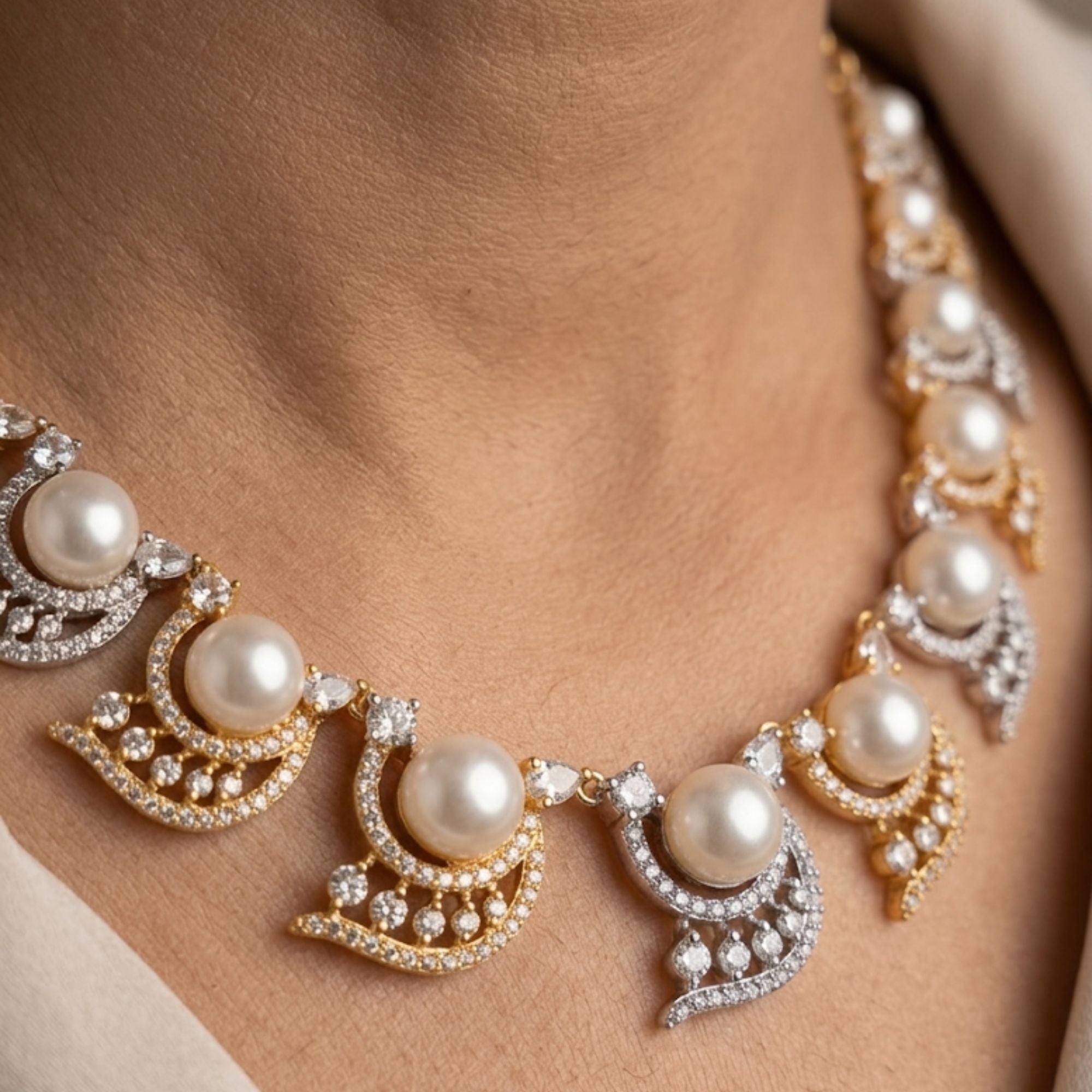 White Pearl Necklace & Earrings Set | Gold Tone Bridal Jewellery | Roz Jewellers