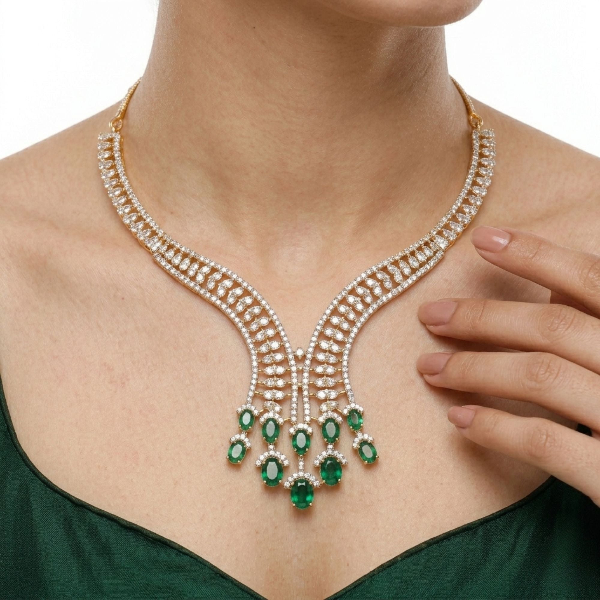 Emerald Green & CZ Long Necklace Set | Gold Plated Bridal Jewellery | Roz Jewellers