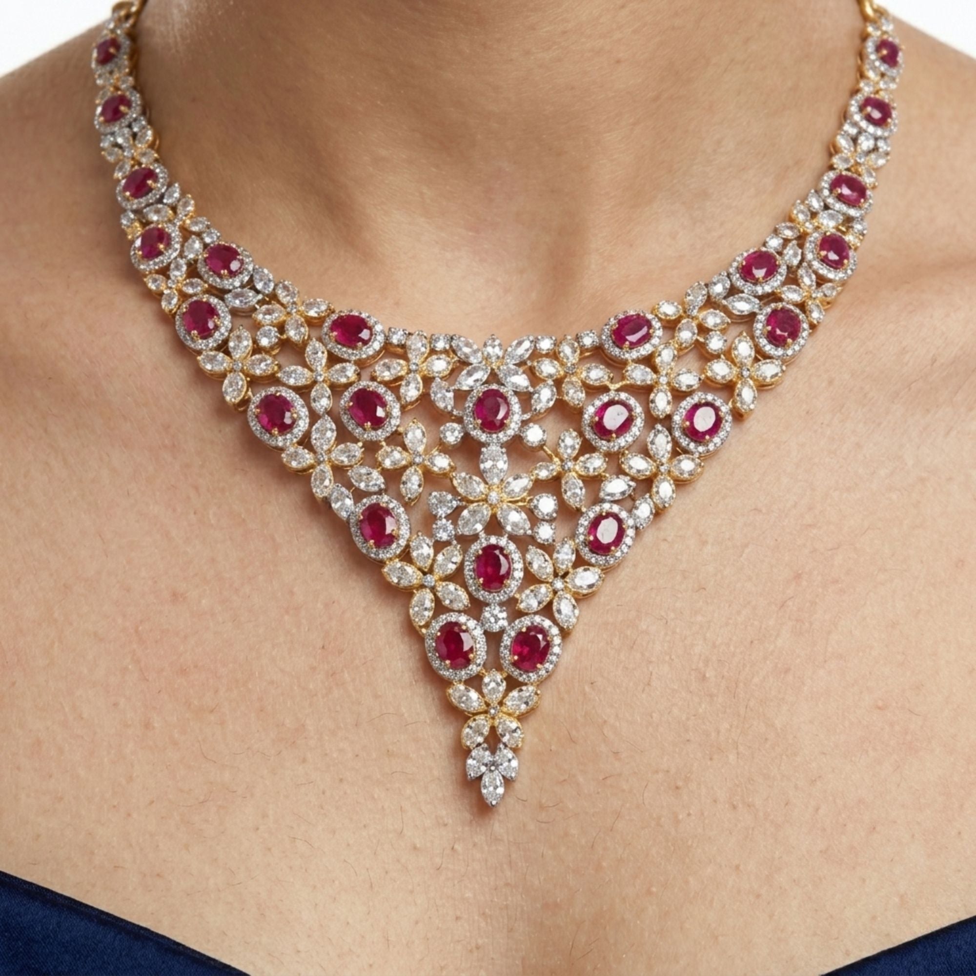 Indian CZ & Ruby Stone Necklace & Earrings Set | Gold Plated Bridal Jewellery | Roz Jewellers