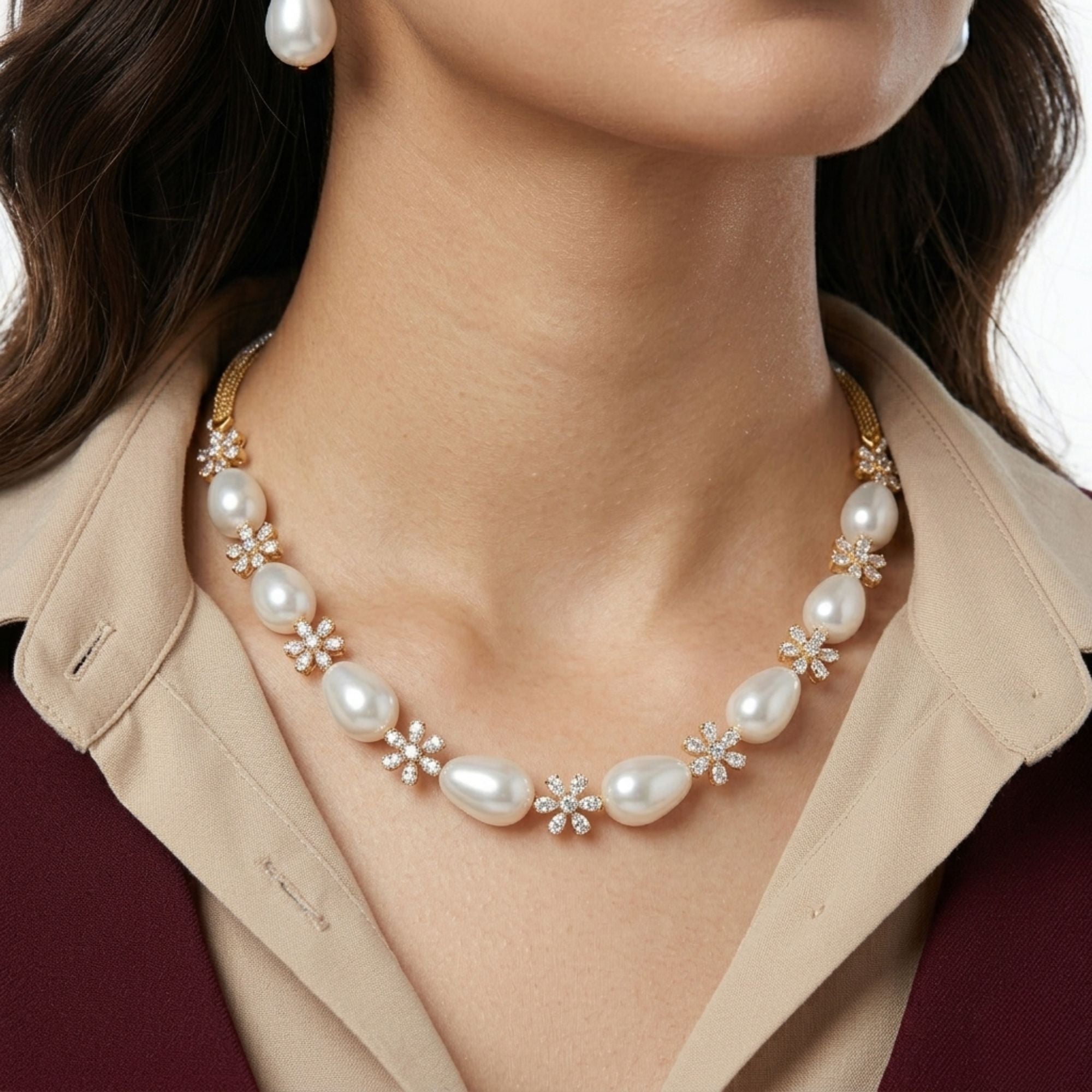 Classic White Pearl Long Necklace & Earrings Set | Gold Plated | Roz Jewellers