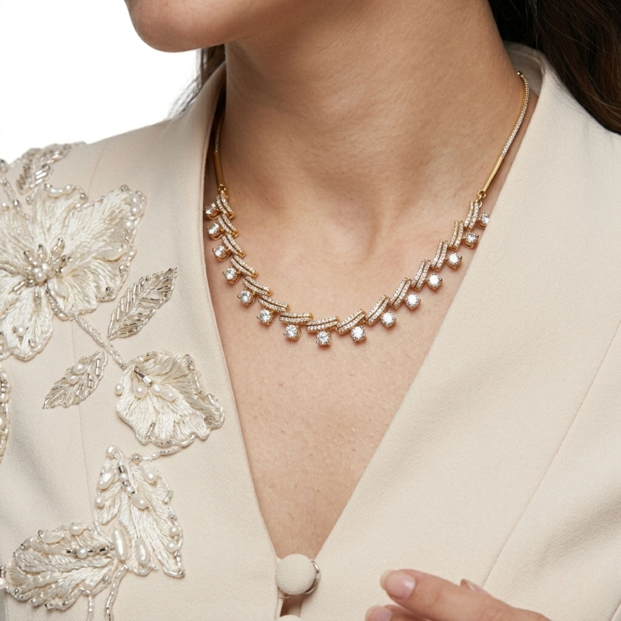 White CZ Long Necklace & Earrings Set | Gold Plated Bridal Jewellery | Roz Jewellers